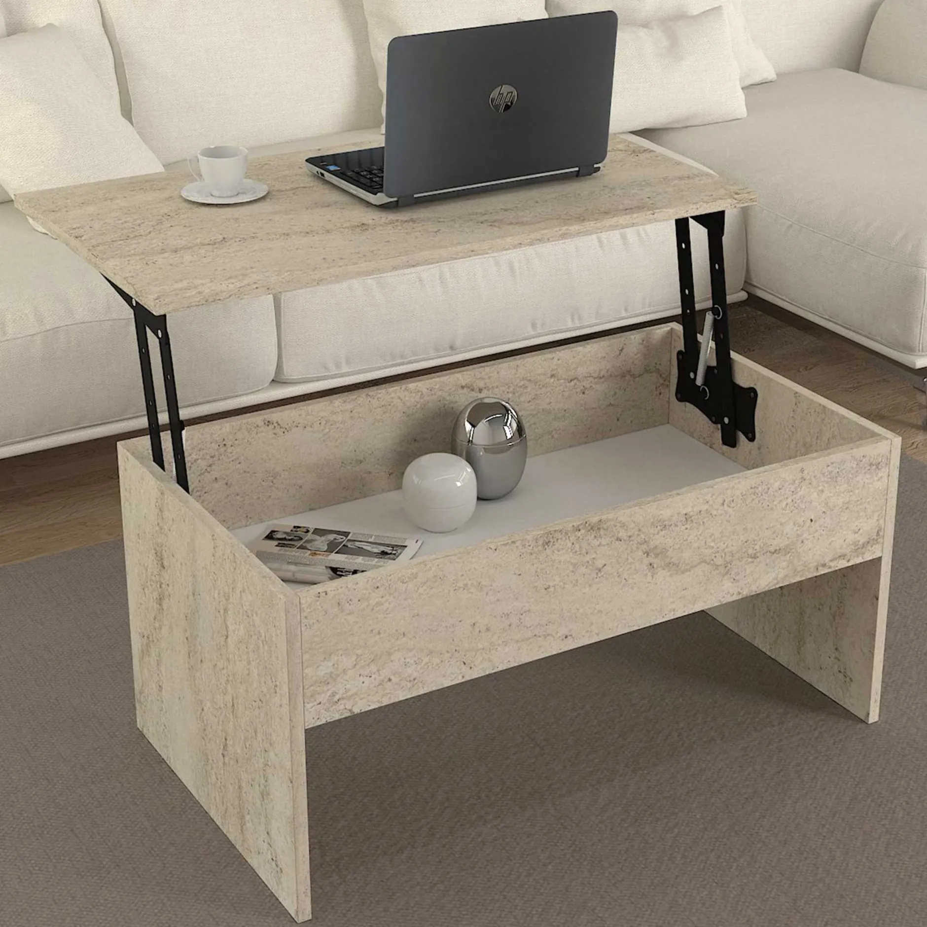 Couchtisch Akilli - 90x52x45cm - mit Ablage - Travertin