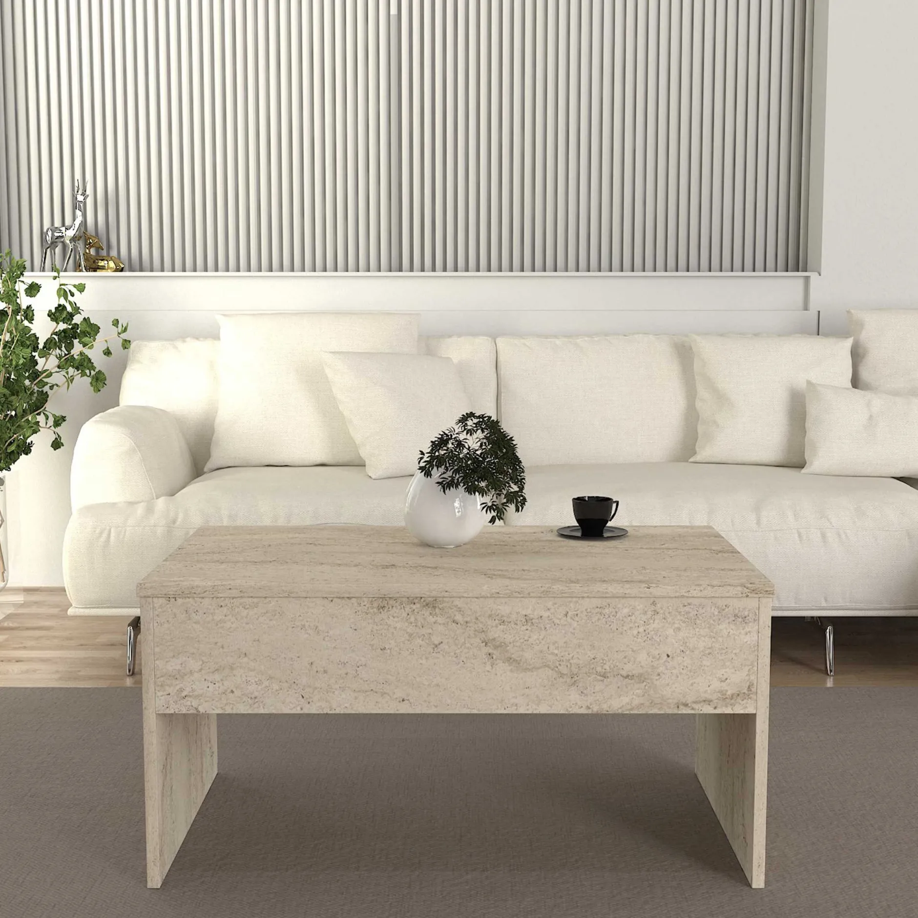Couchtisch Akilli - 90x52x45cm - mit Ablage - Travertin