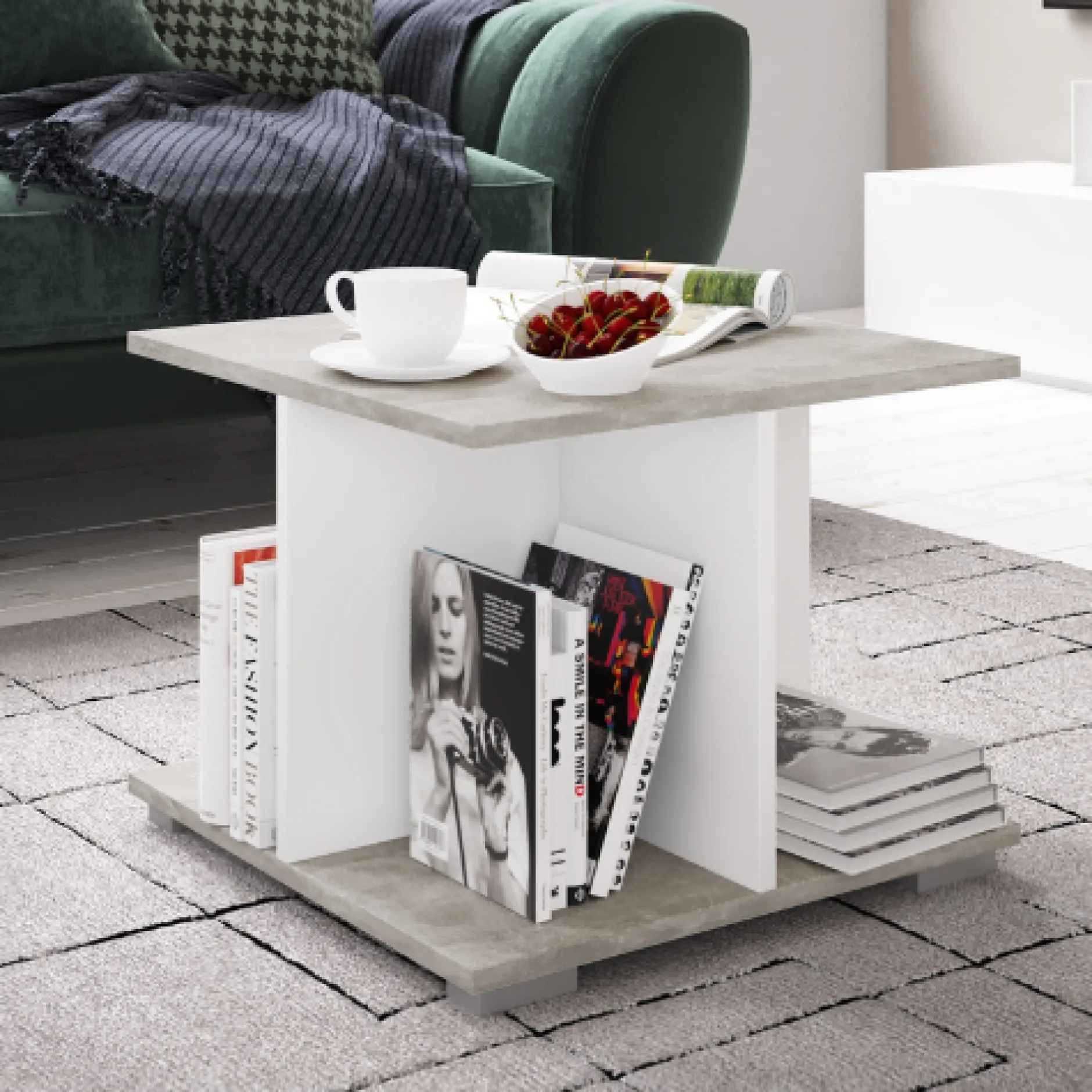 Couchtisch Annelieke 50x50 cm 4 offene Fächer-weiß/Beton