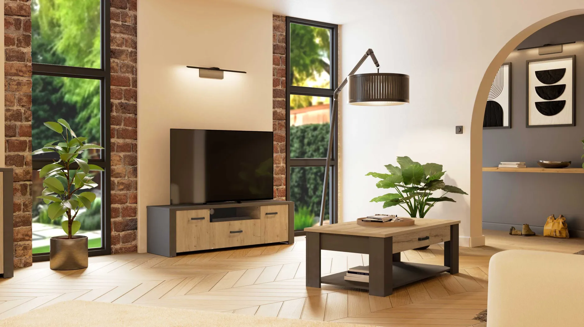 Couchtisch Aubrey - 120x64x41cm - mit Schublade - Eiche Dekor/schwarz