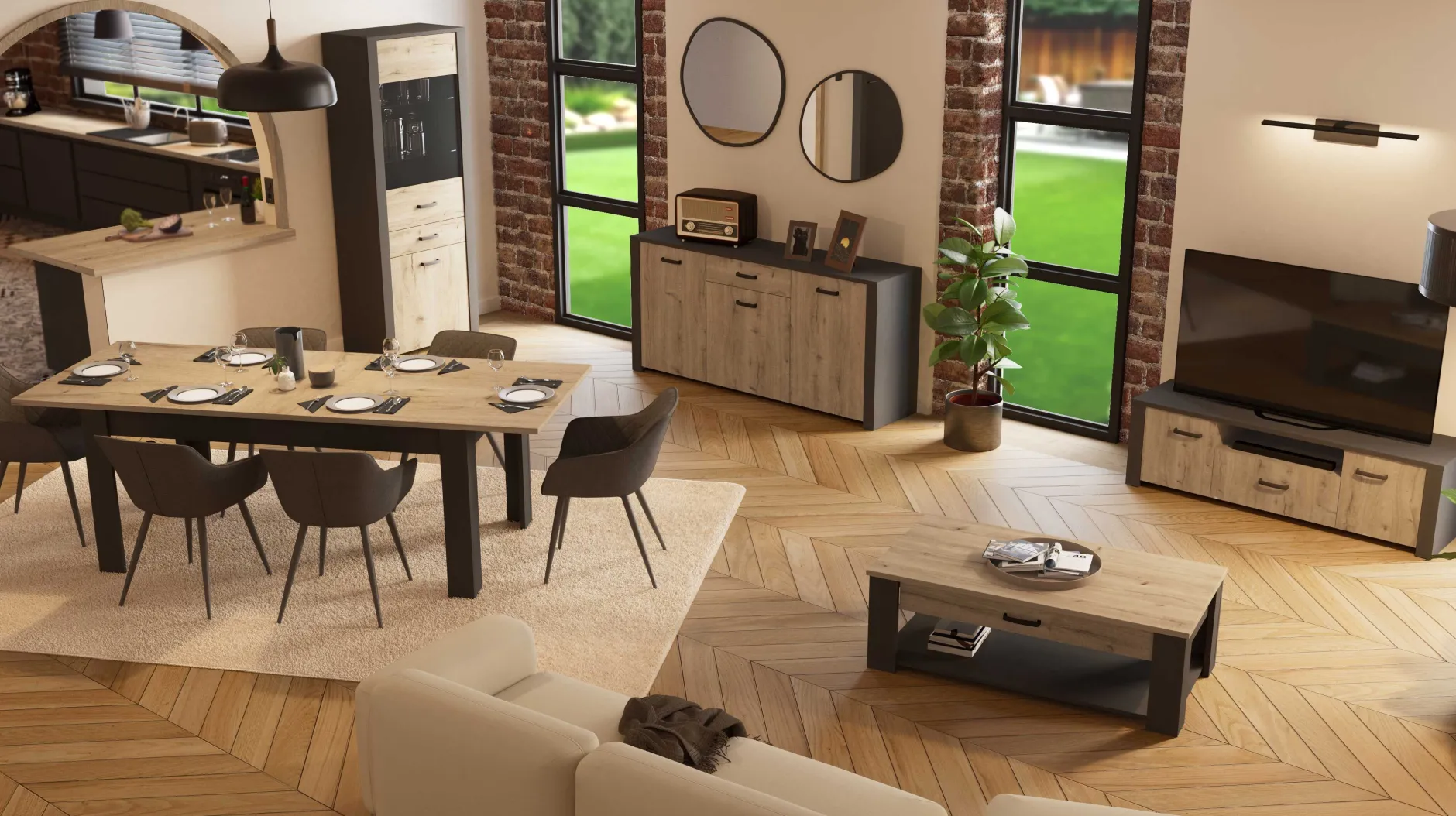 Couchtisch Aubrey - 120x64x41cm - mit Schublade - Eiche Dekor/schwarz