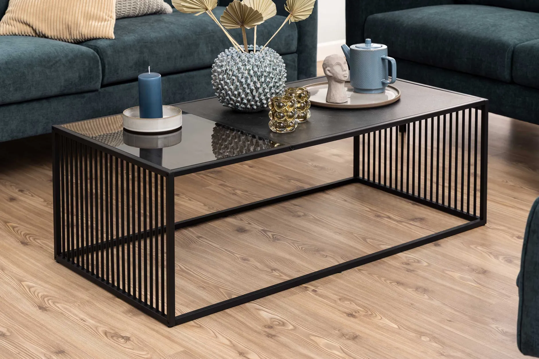 Couchtisch aus Marmor und Glas, Drahtgestell, 120x60cm