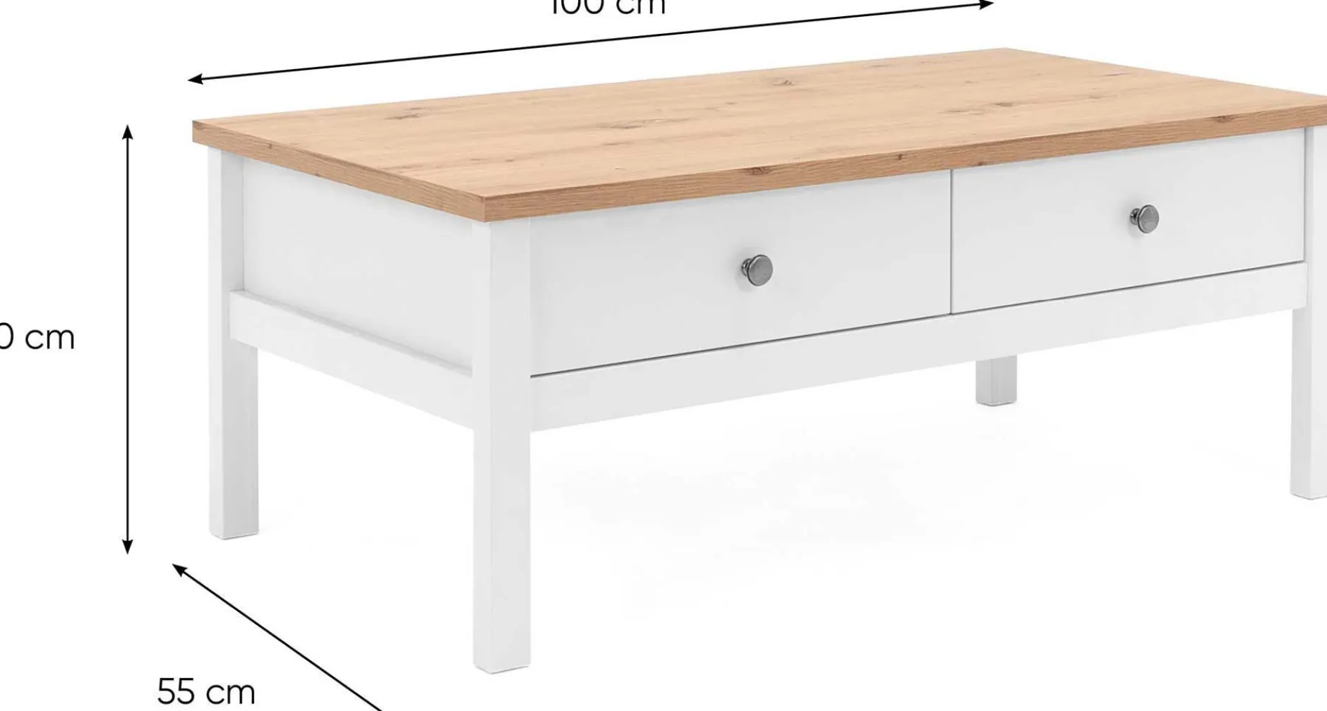 Couchtisch Berge 100x55 mit 2 Schubladen - weiß/Eiche