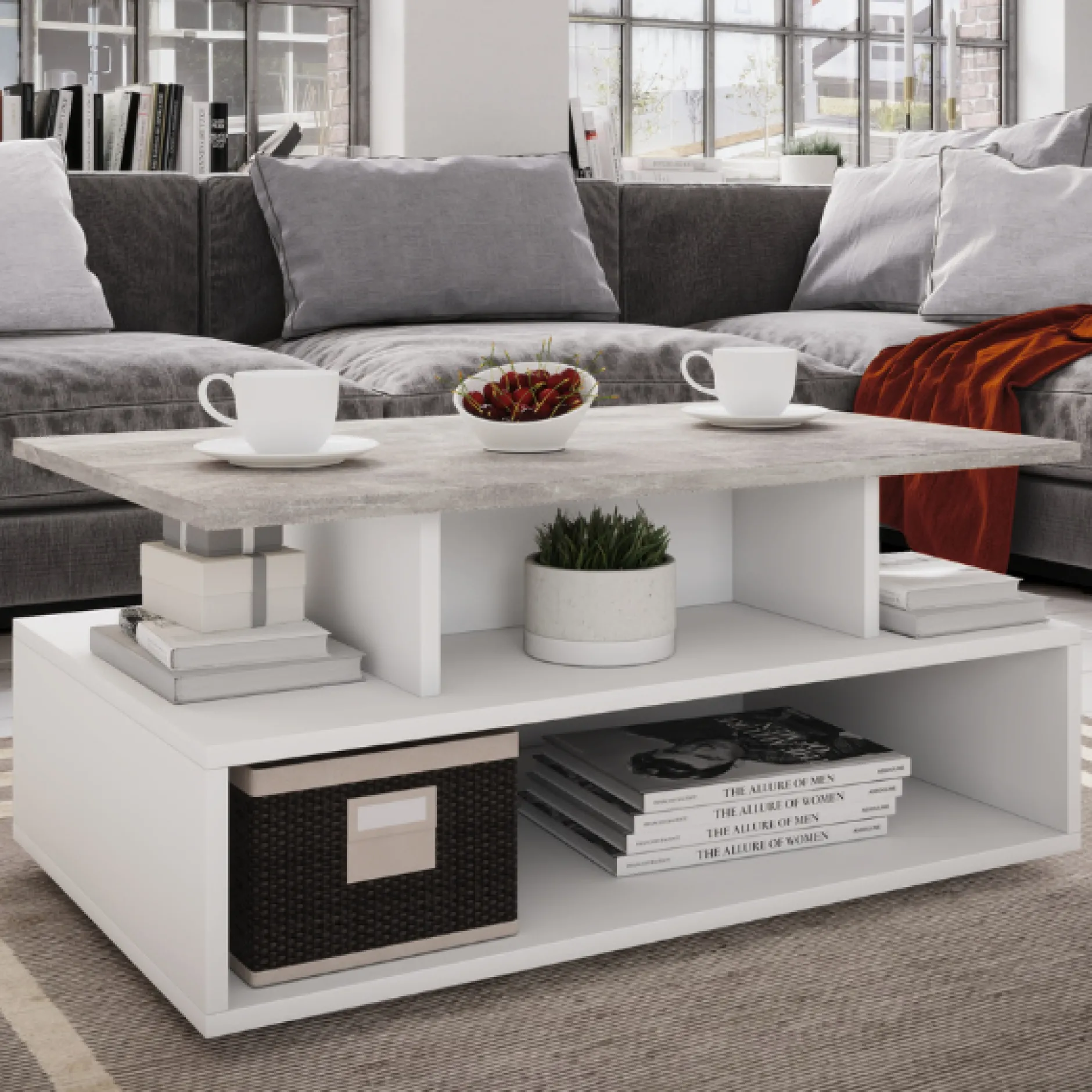 Couchtisch Carlien 4 offene Fächer-weiß/Beton