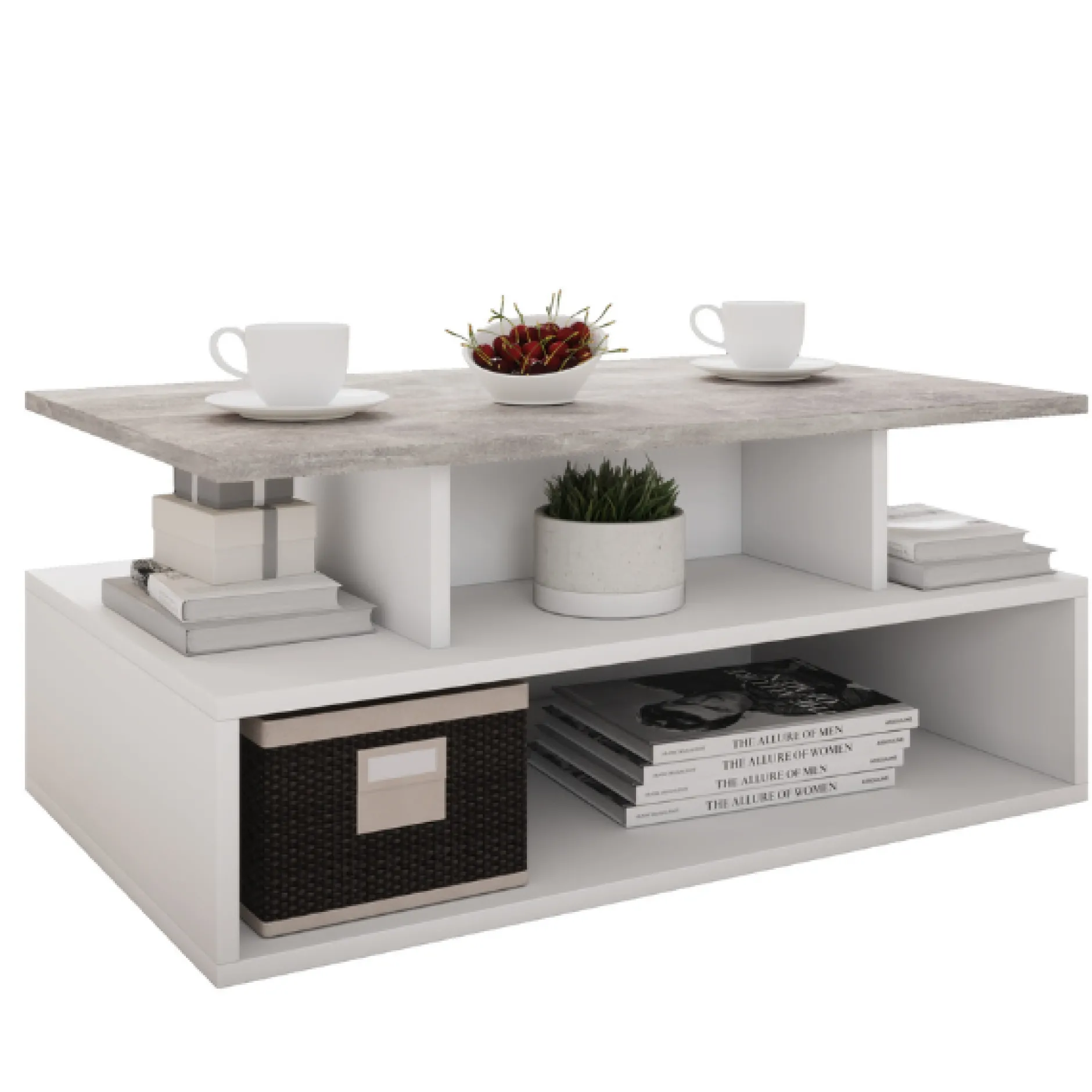 Couchtisch Carlien 4 offene Fächer-weiß/Beton