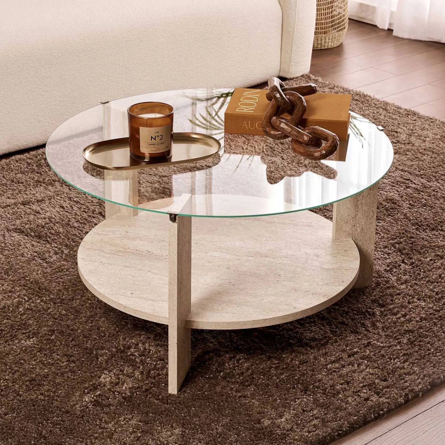 Couchtisch Clara - 100% TEMPERED GLASS - Travertin - 40 x 75 x 75 cm