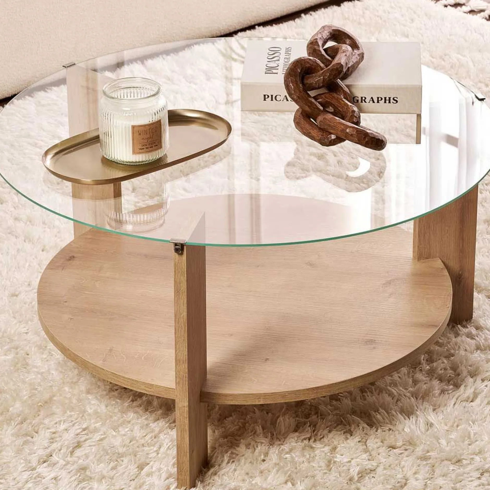 Couchtisch Clara - 100% TEMPERED GLASS - Saphireiche - 40 x 75 x 75 cm