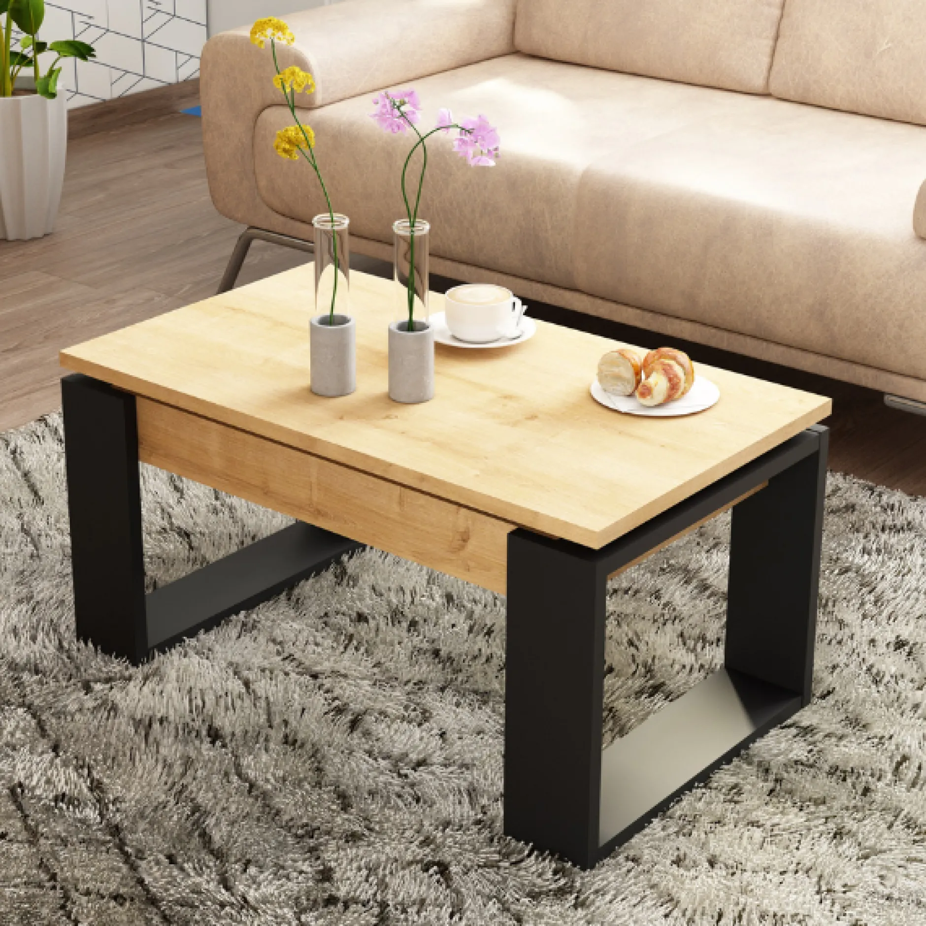 Couchtisch Cosmit 90x52 cm mir ausziehbarer Tischplatte - beige/ schwarz