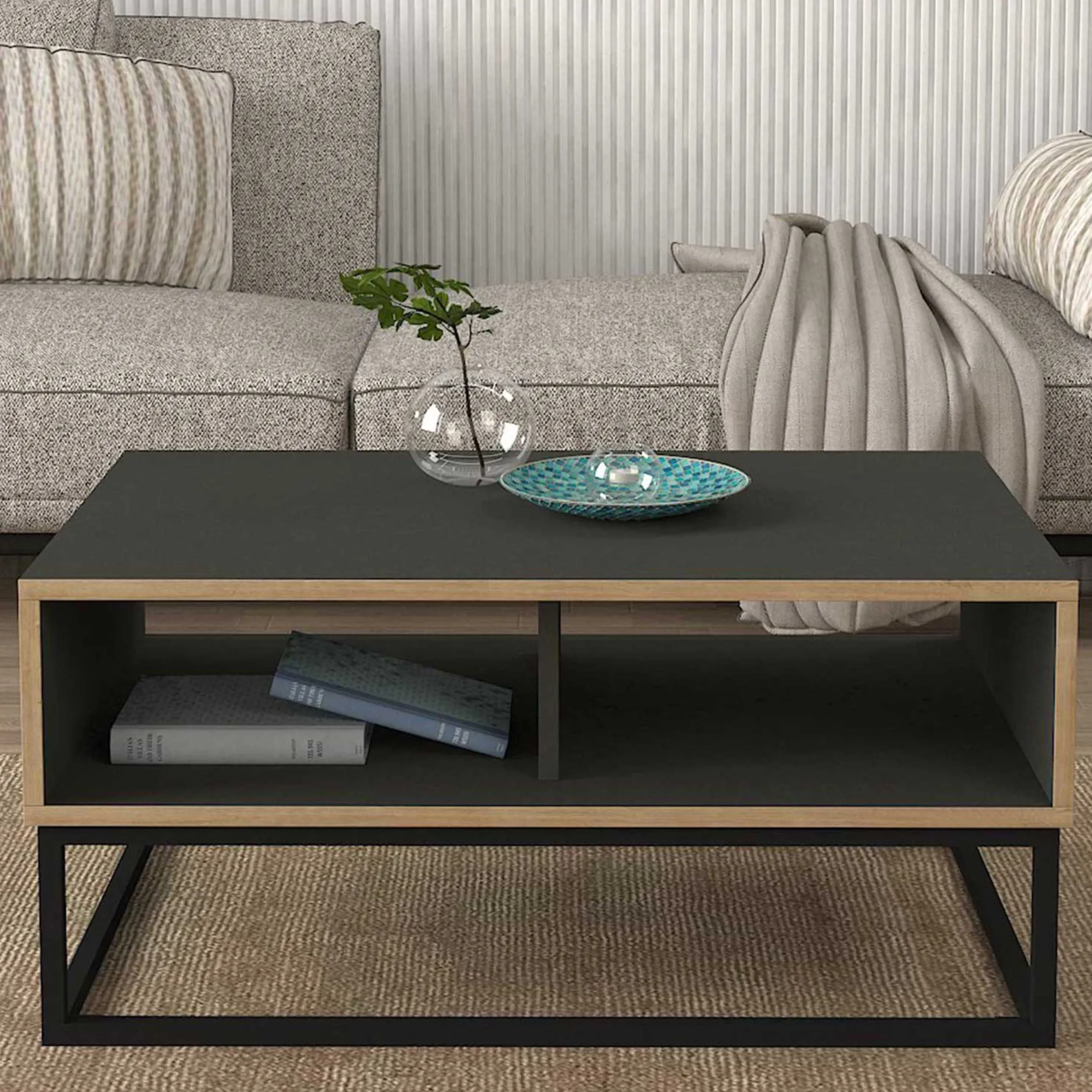 Couchtisch Dolores - 90x60x42cm - mit Ablage - Anthrazit/Eiche Dekor