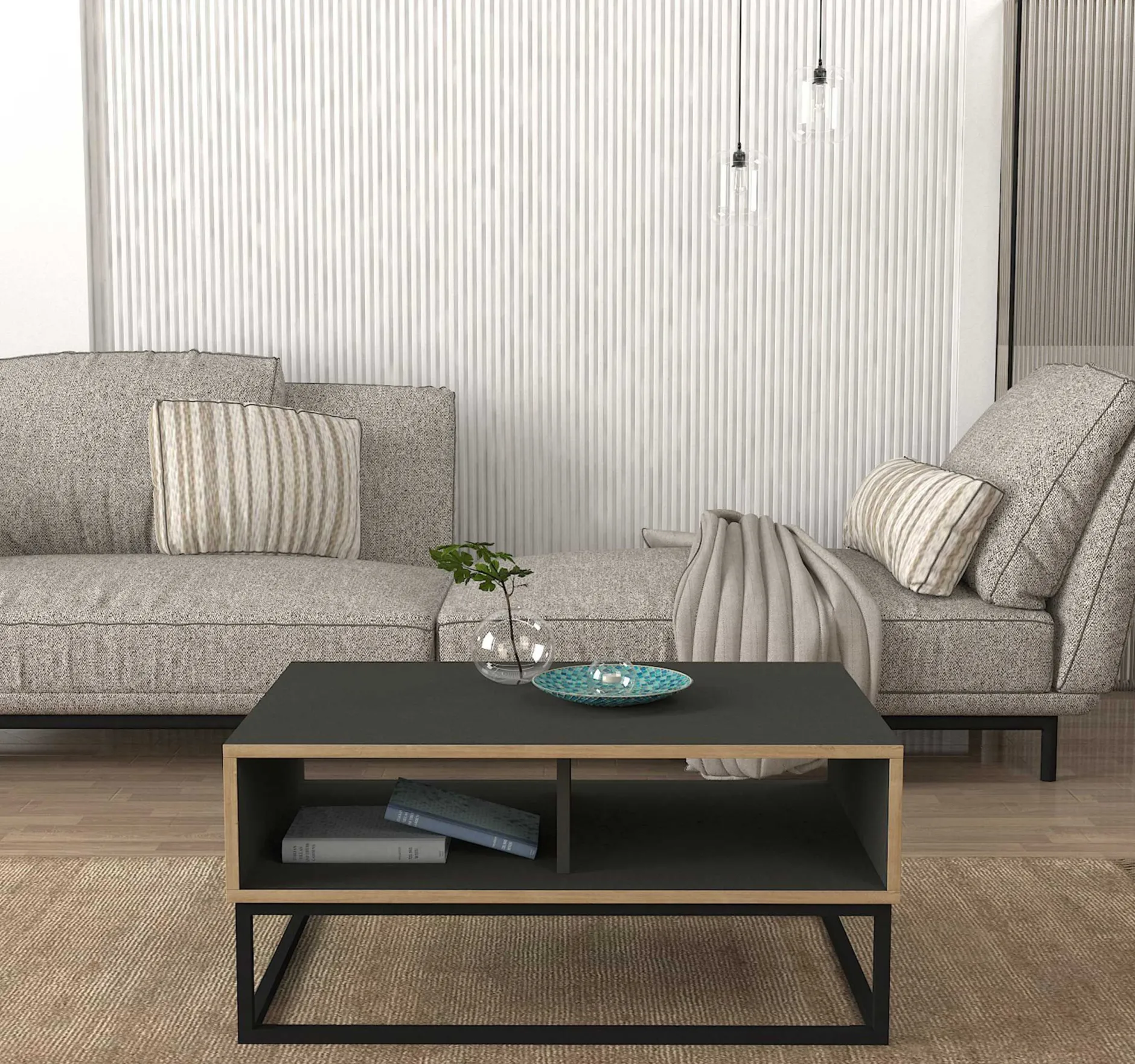 Couchtisch Dolores - 90x60x42cm - mit Ablage - Anthrazit/Eiche Dekor