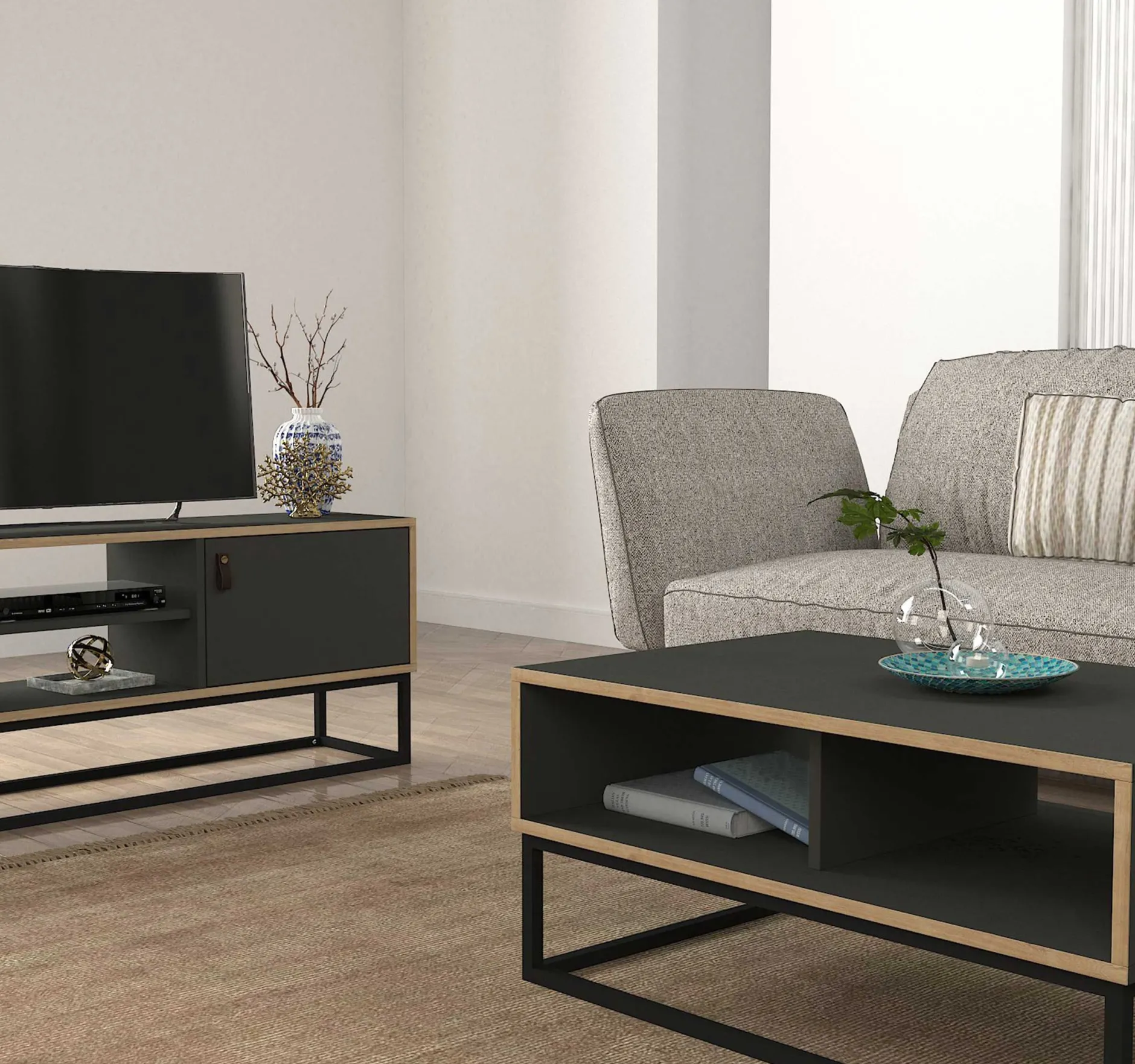 Couchtisch Dolores - 90x60x42cm - mit Ablage - Anthrazit/Eiche Dekor