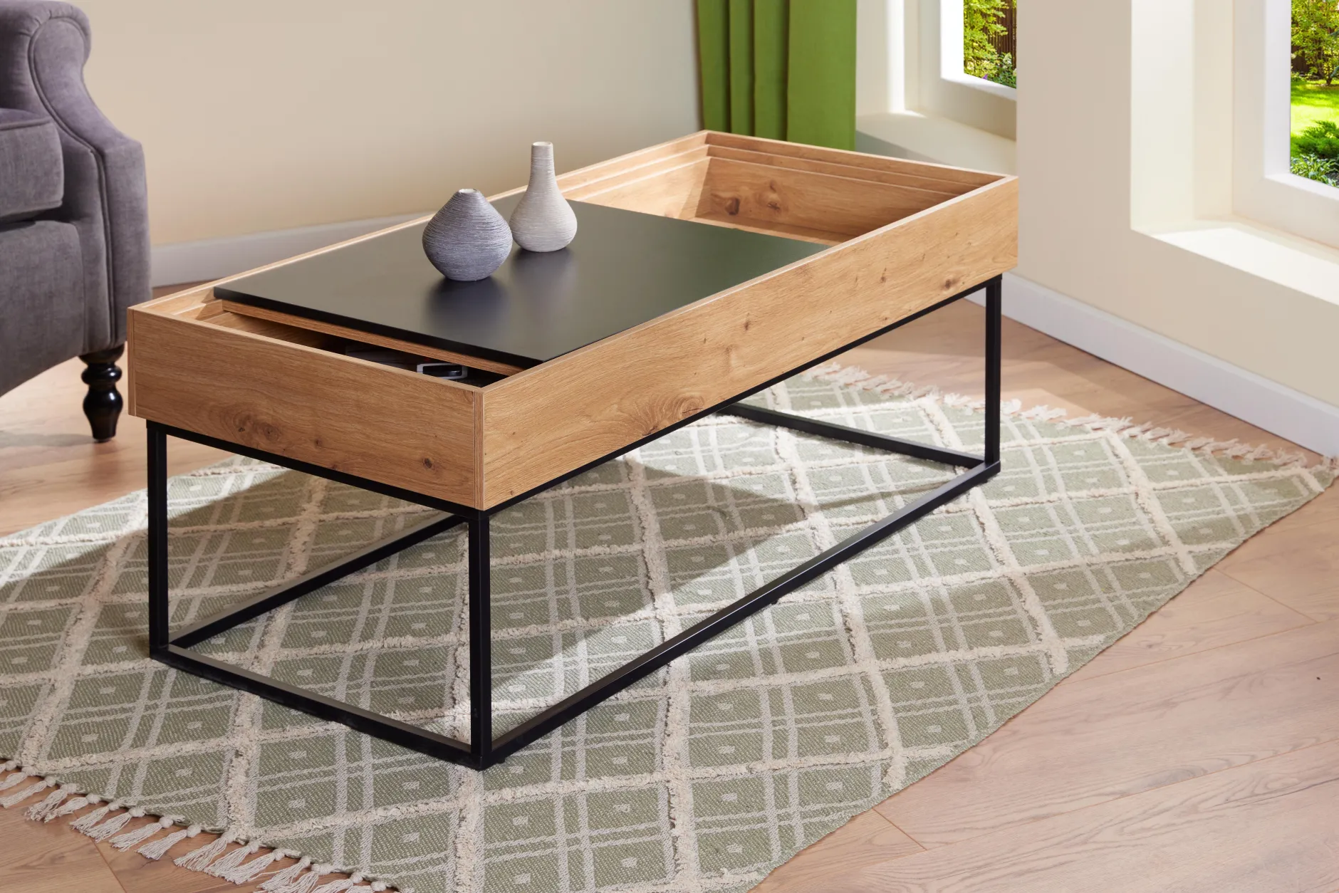 Couchtisch Filora | 110 x 50 x 40 cm | 2 Ablagefächer | Farbe: Eiche