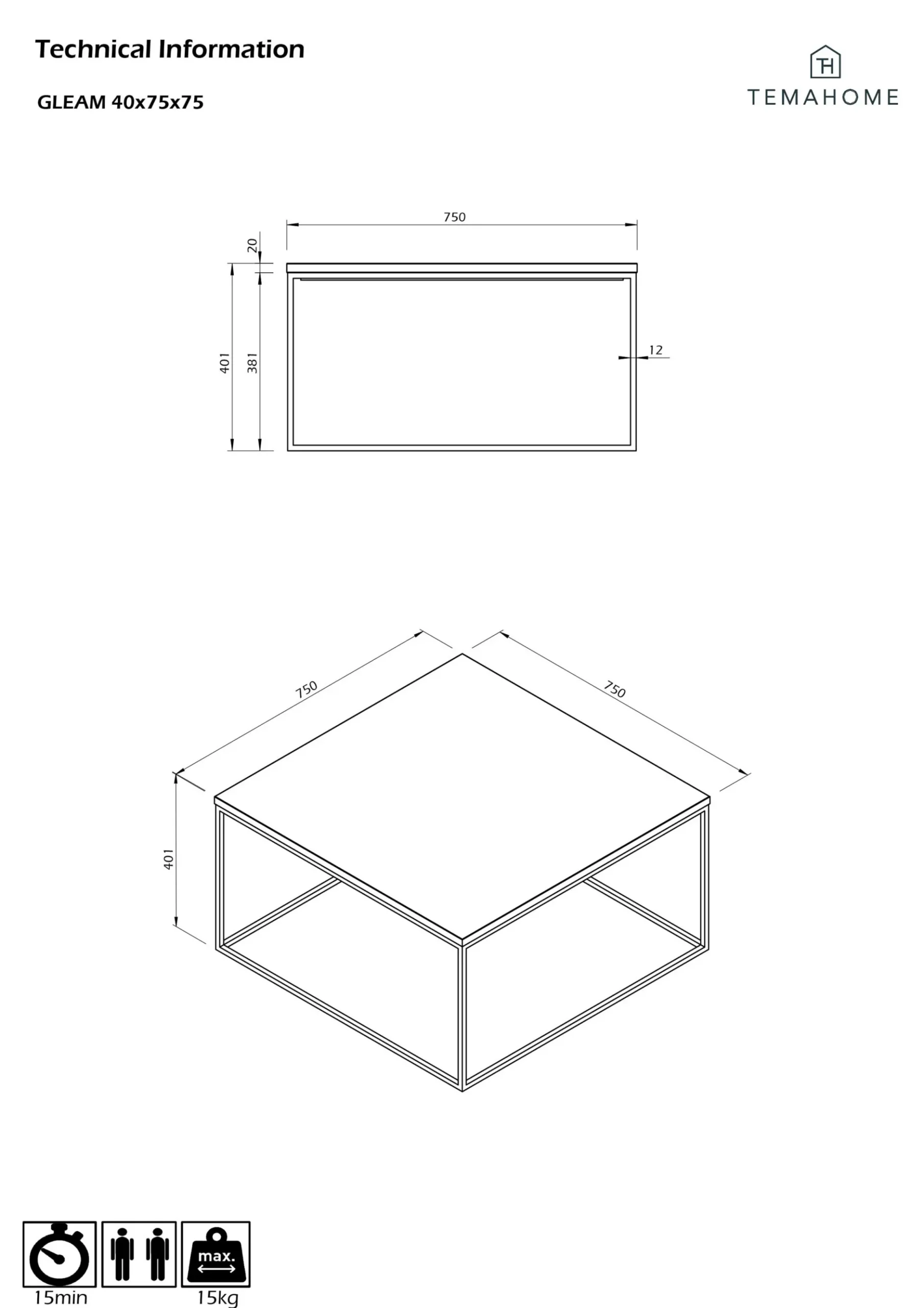 Couchtisch Gleam 75x75 - Eiche/Stahl