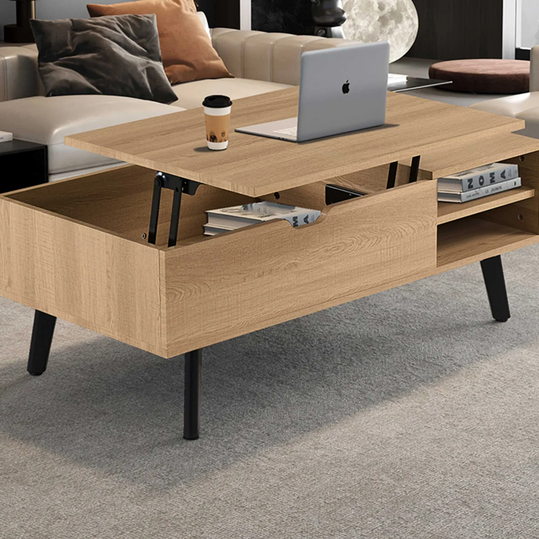 Couchtisch Justine - 120x60x45cm - verstellbar - mit Ablage - Eiche Dekor