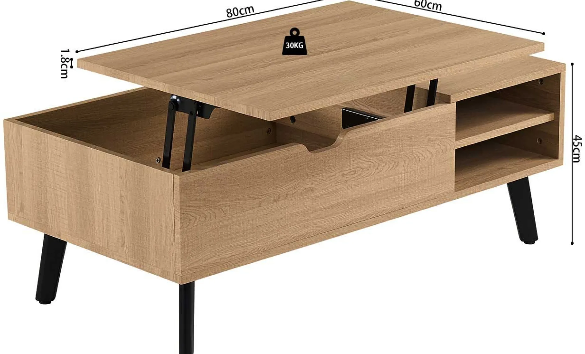 Couchtisch Justine - 120x60x45cm - verstellbar - mit Ablage - Eiche Dekor