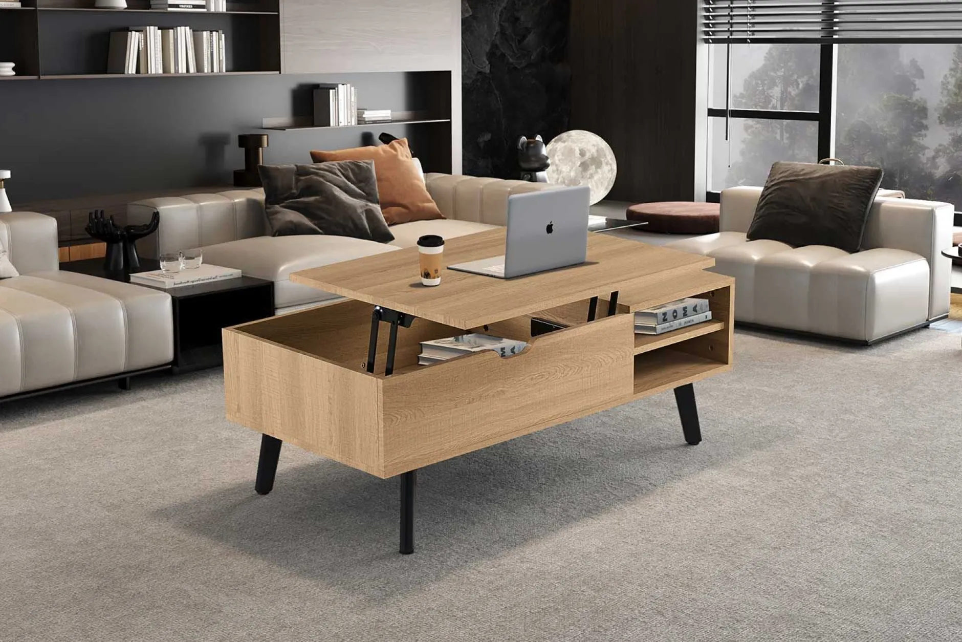 Couchtisch Justine - 120x60x45cm - verstellbar - mit Ablage - Eiche Dekor