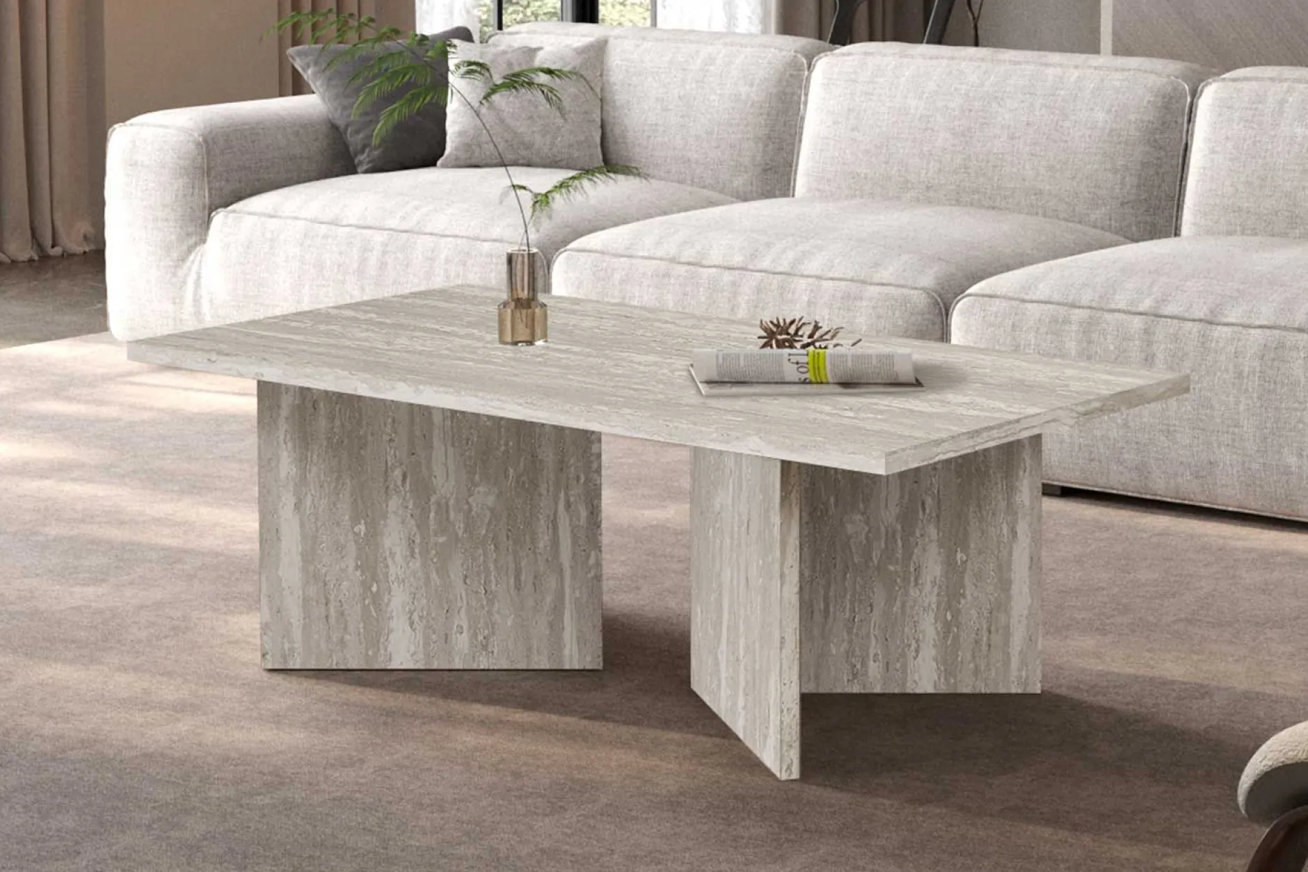 Couchtisch Litar - 125x65x42cm - Travertin grau