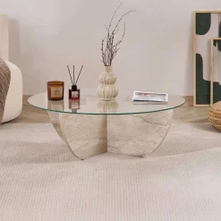 Couchtisch Liya - 100% TEMPERED GLASS - Travertin - 30 x 90 x 90 cm