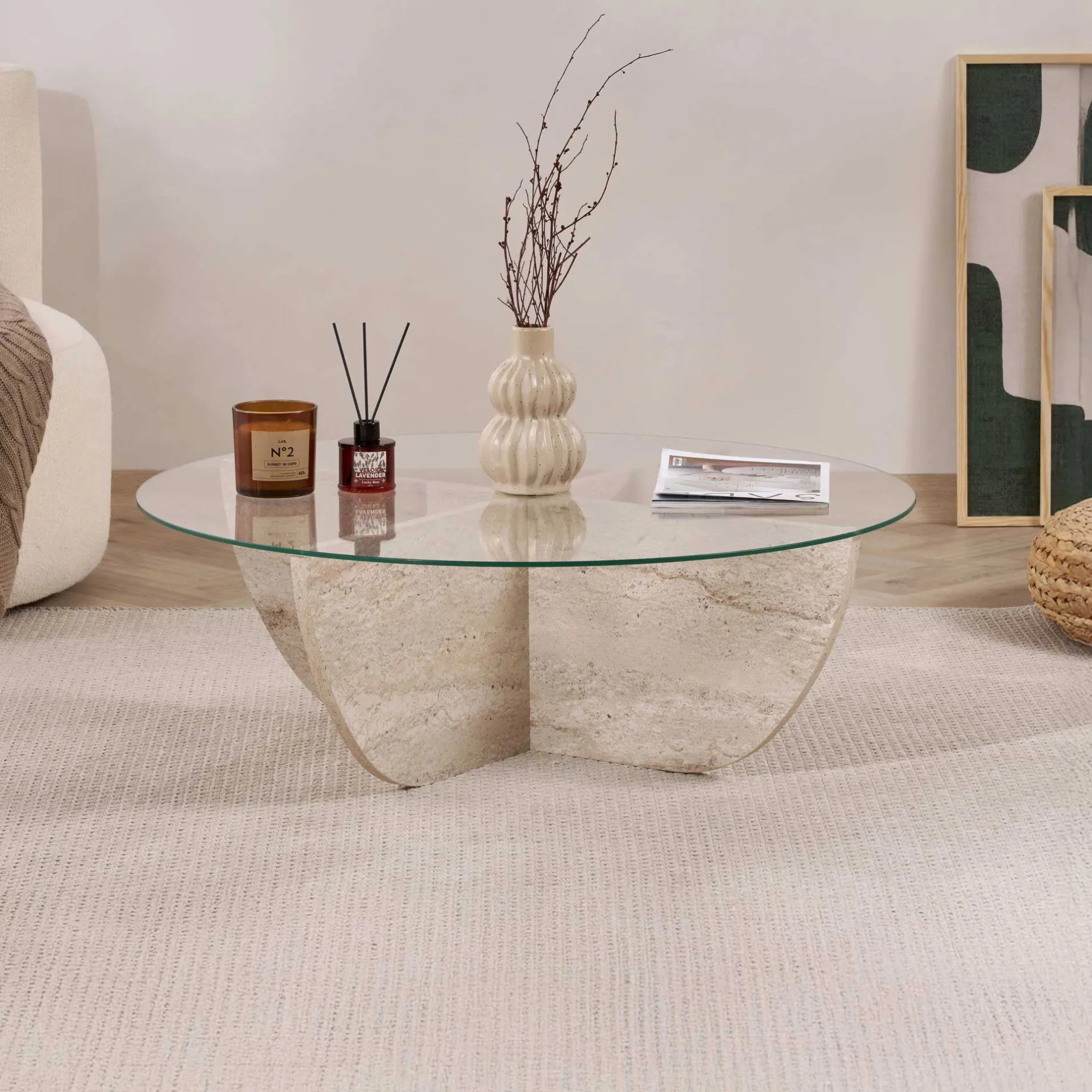 Couchtisch Liya - 100% TEMPERED GLASS - Travertin - 30 x 90 x 90 cm