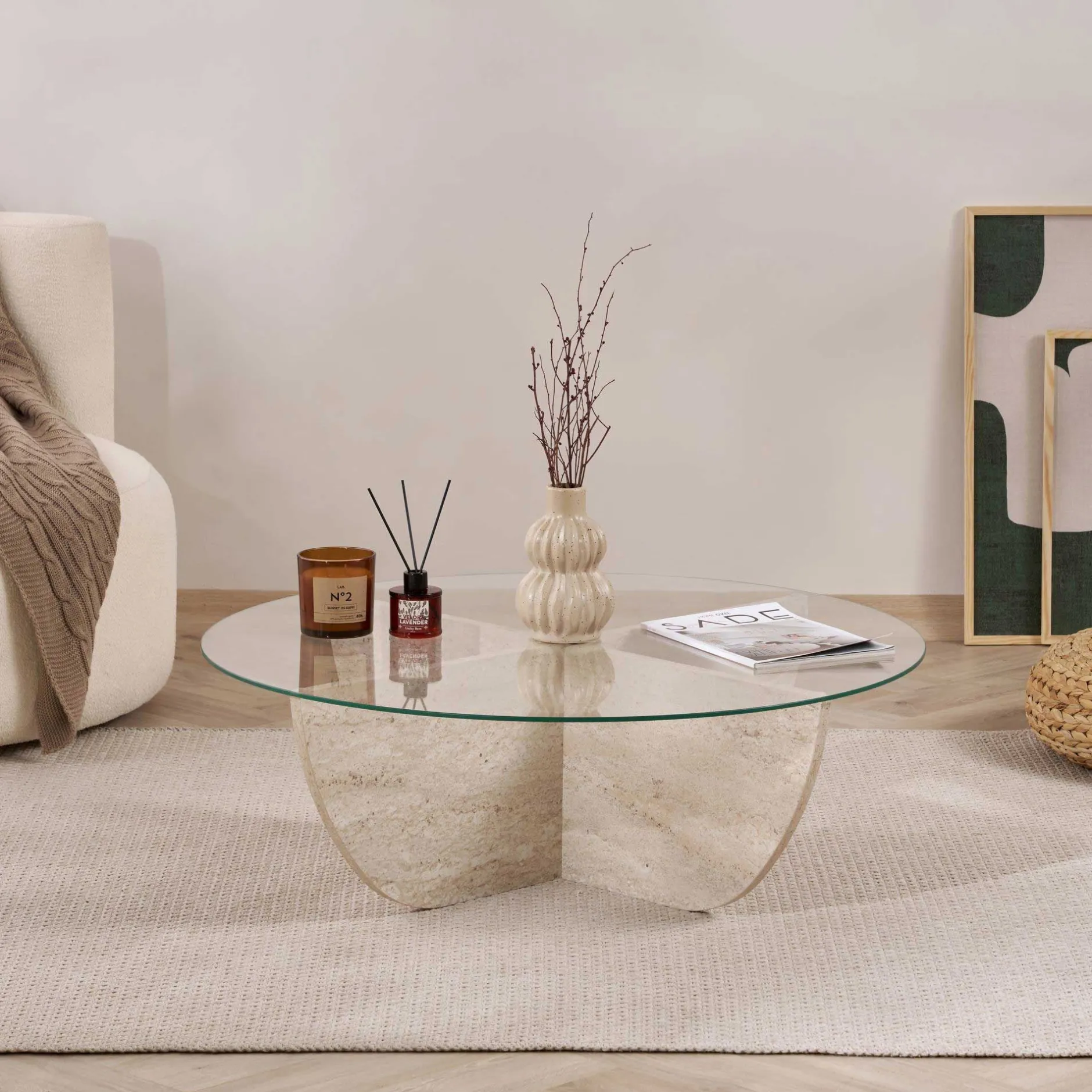 Couchtisch Liya - 100% TEMPERED GLASS - Travertin - 30 x 90 x 90 cm