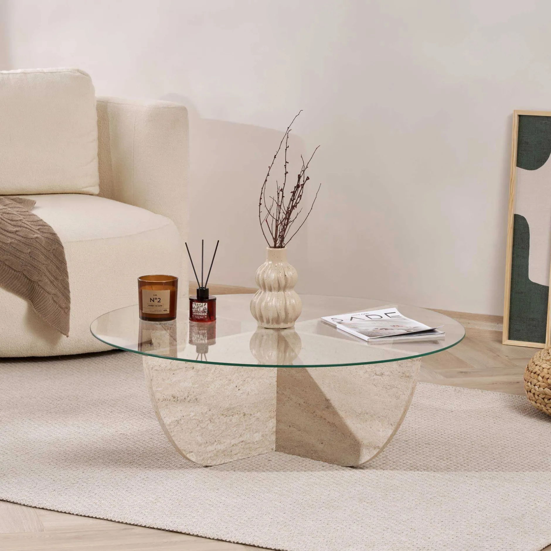 Couchtisch Liya - 100% TEMPERED GLASS - Travertin - 30 x 90 x 90 cm