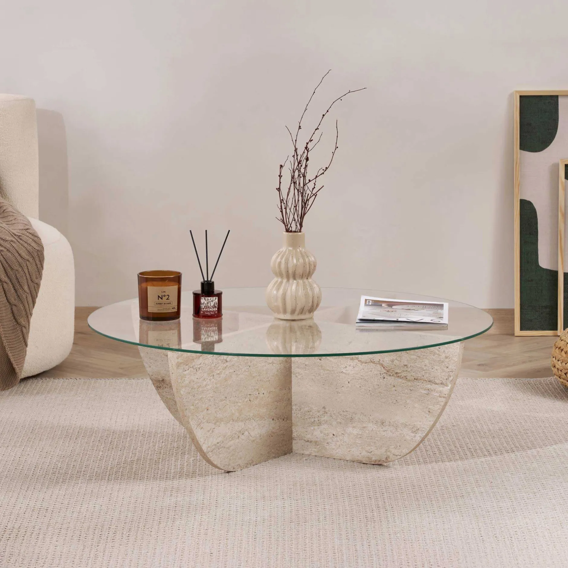 Couchtisch Liya - 100% TEMPERED GLASS - Travertin - 30 x 90 x 90 cm