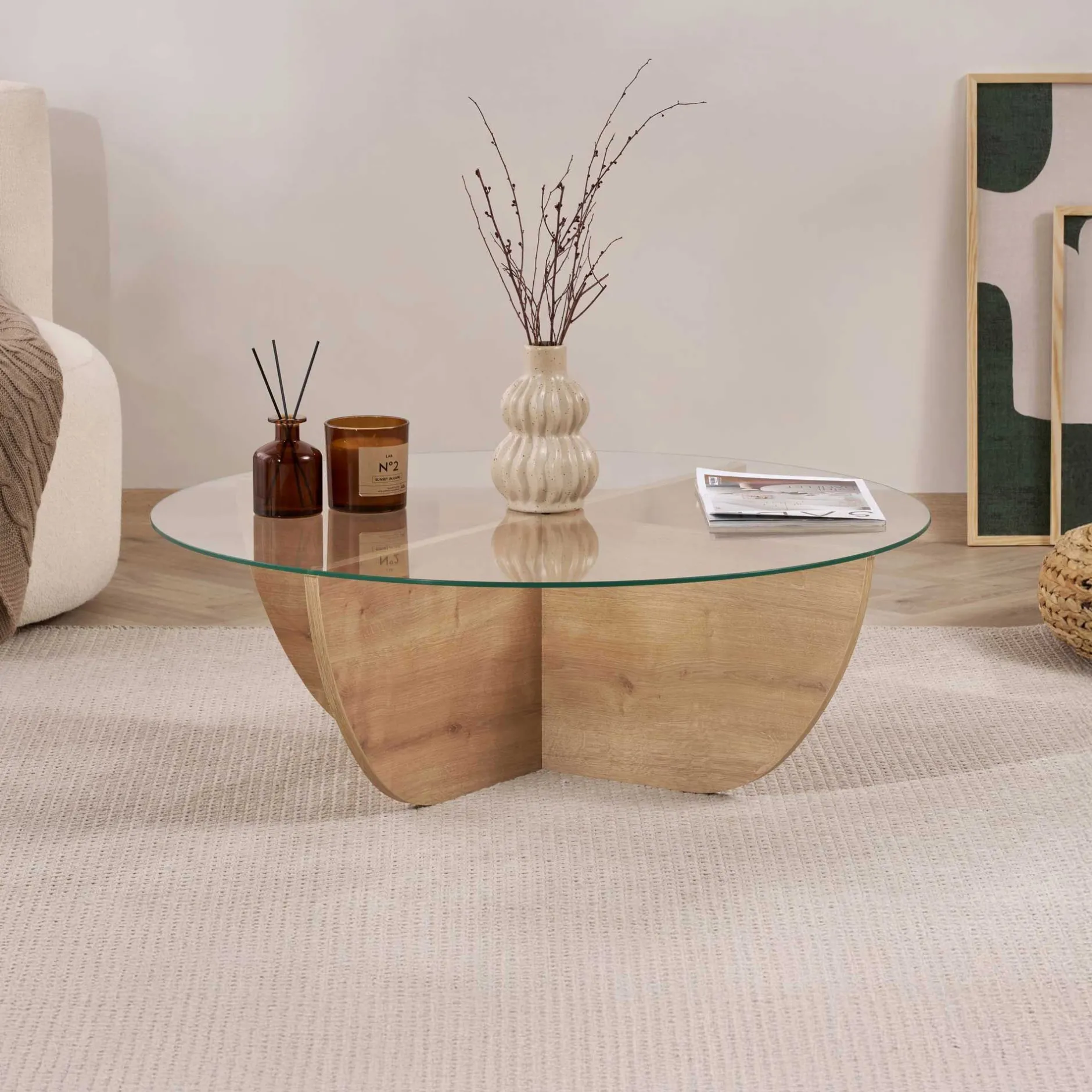 Couchtisch Liya - 100% TEMPERED GLASS - Saphireiche - 30 x 90 x 90 cm