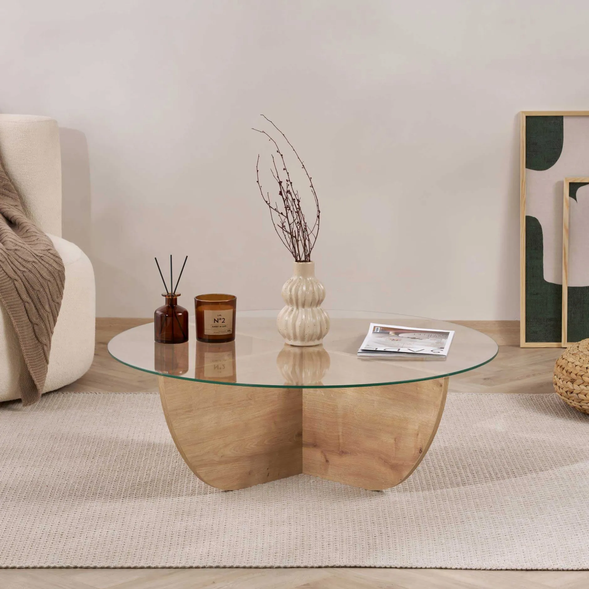 Couchtisch Liya - 100% TEMPERED GLASS - Saphireiche - 30 x 90 x 90 cm