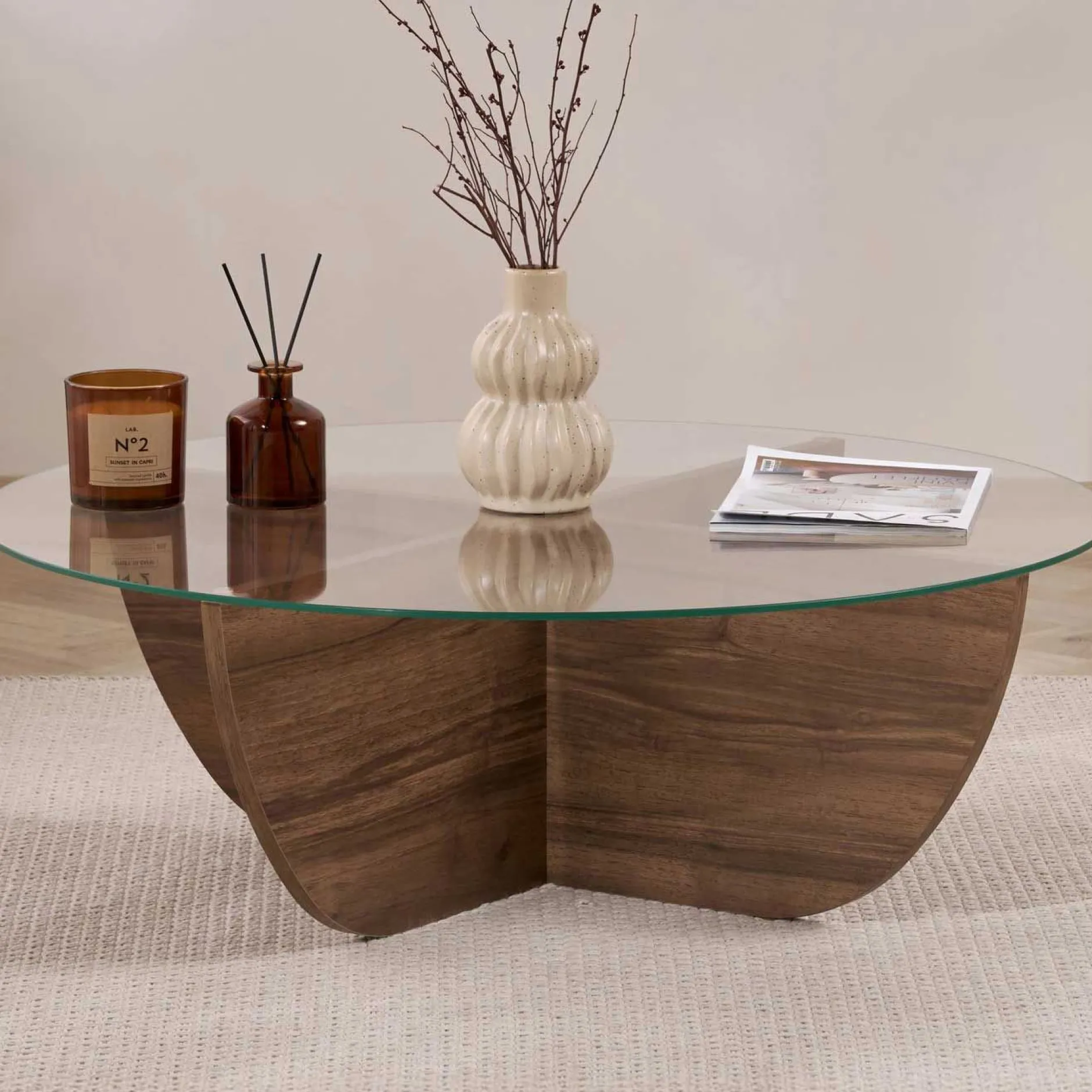 Couchtisch Liya - 100% TEMPERED GLASS - Walnuss - 30 x 90 x 90 cm
