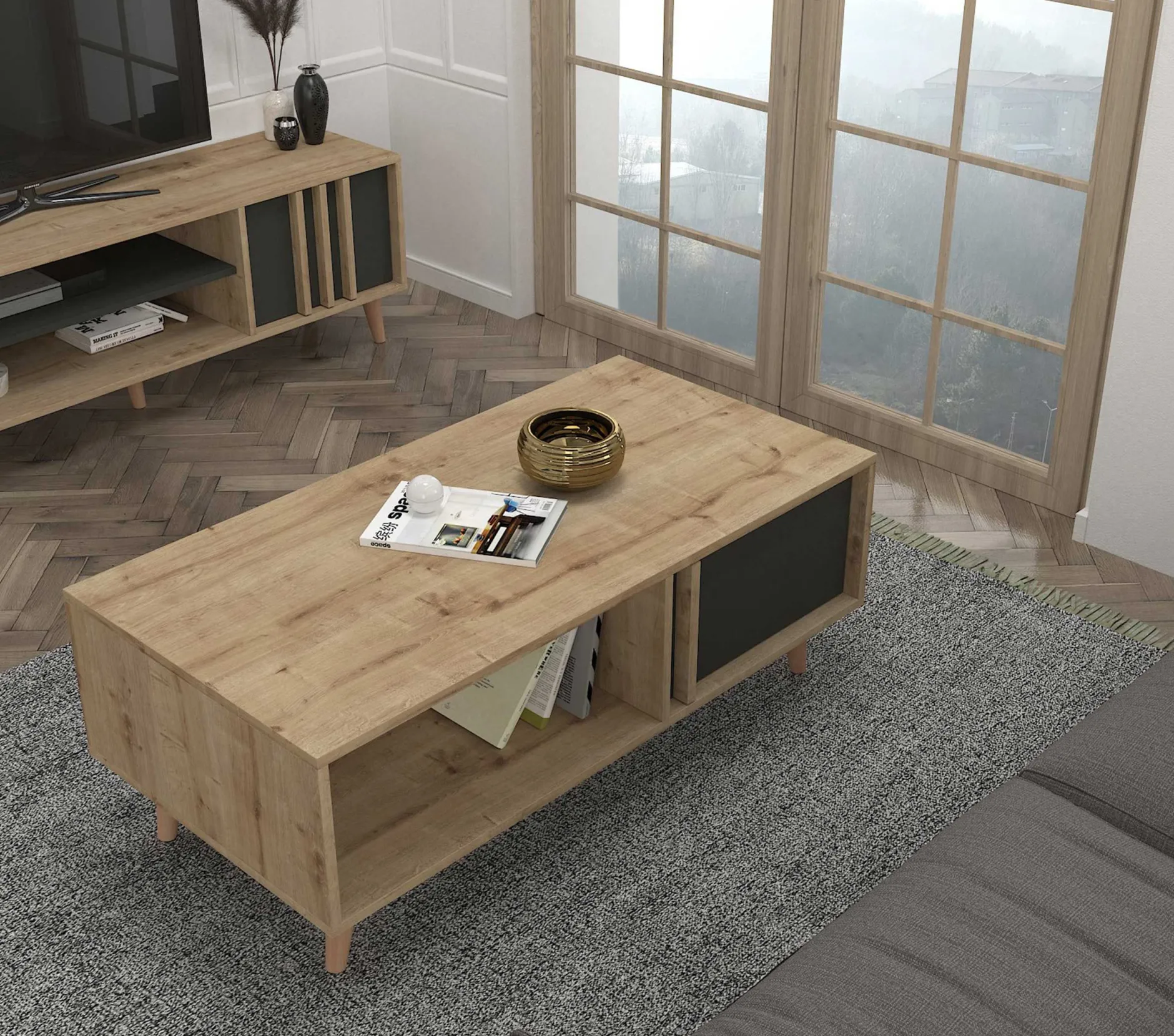 Couchtisch Malmo - 120x60x45cm - mit Ablage - Eiche Dekor/anthrazit