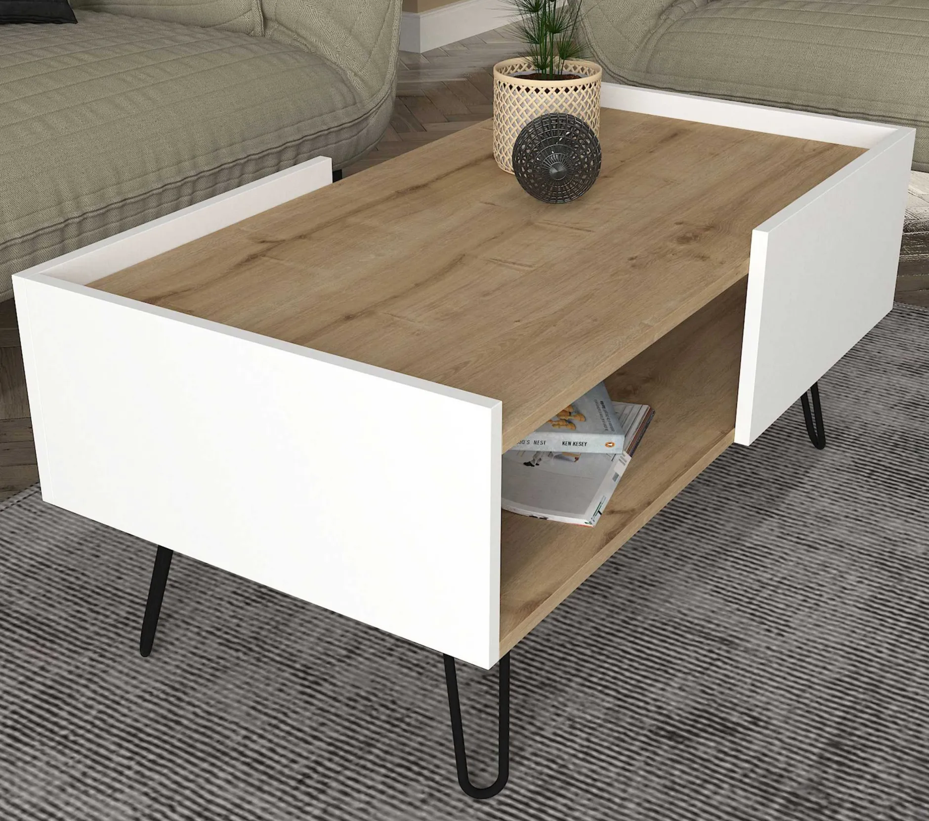 Couchtisch Nina - 100x55x45cm - mit Ablage - Eiche Dekor/Weiß