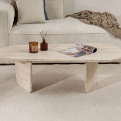 Couchtisch Ovalis - 100% MELAMINE - Travertin - 40 x 65 x 130 cm