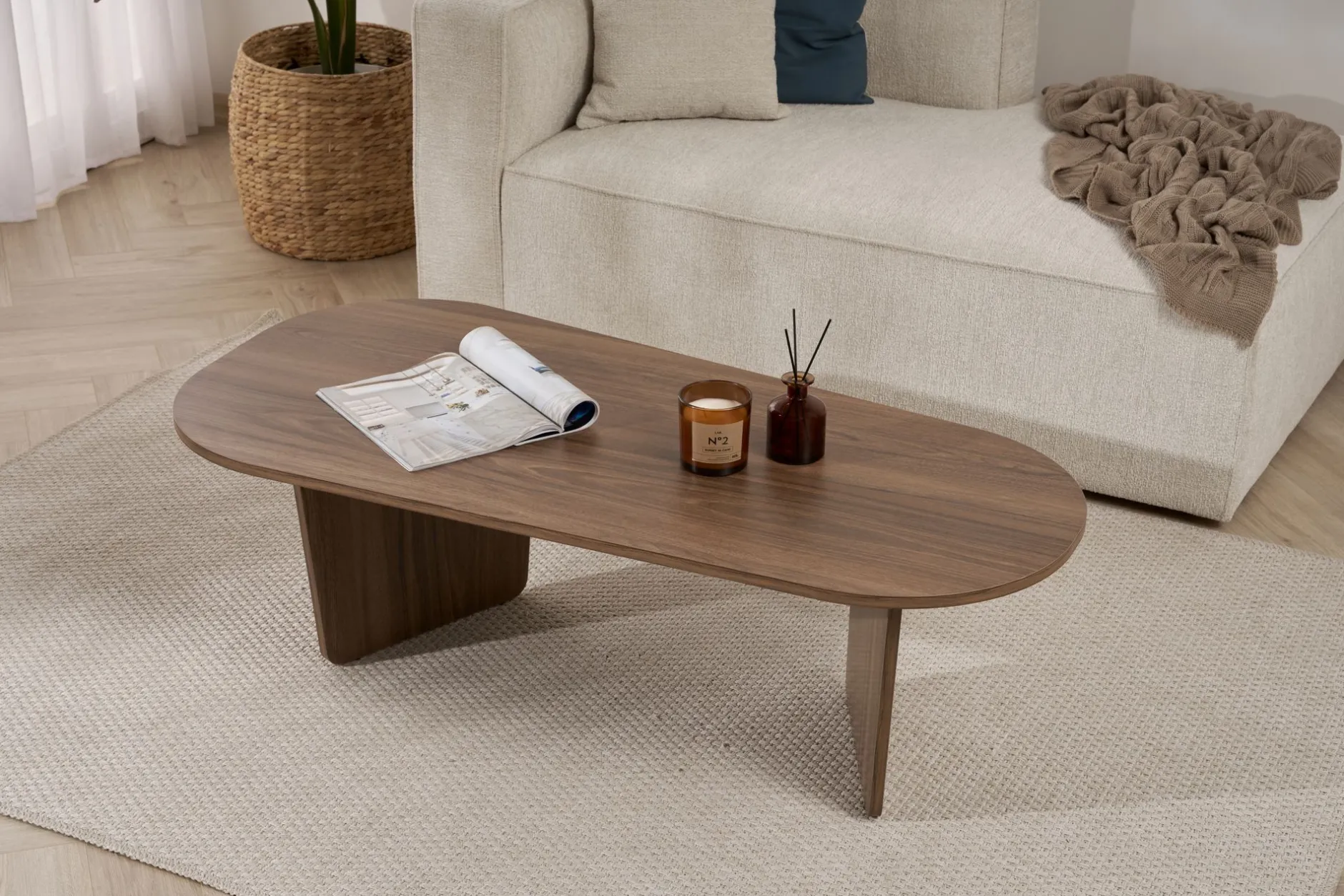 Couchtisch Ovalis - 100% MELAMINE - Walnuss - 40 x 65 x 130 cm