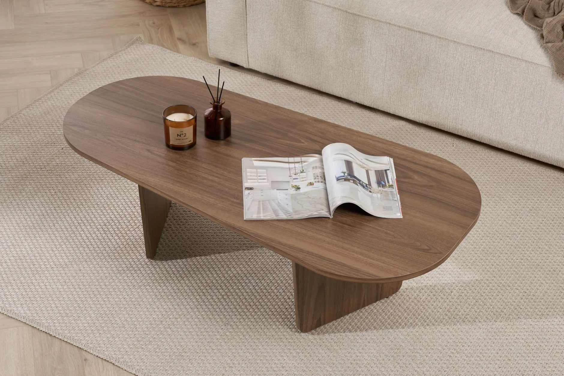 Couchtisch Ovalis - 100% MELAMINE - Walnuss - 40 x 65 x 130 cm