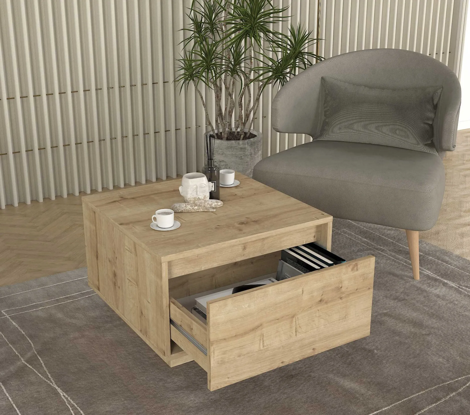 Couchtisch Pura - 60x60x40cm mit Ablageschublade - Eiche Dekor