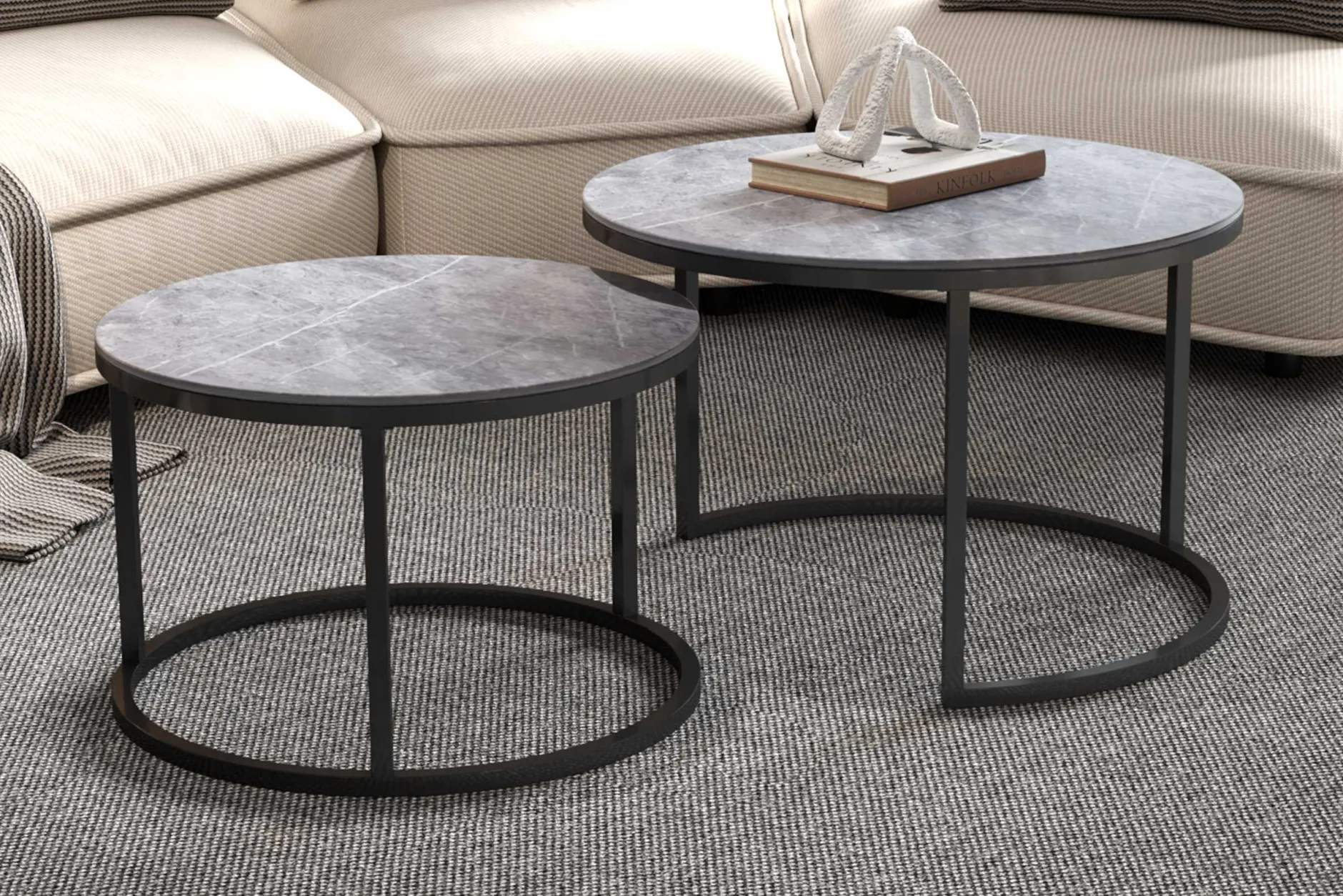 Couchtisch-Set Boston Ø80 und Ø60cm - grauer Marmor