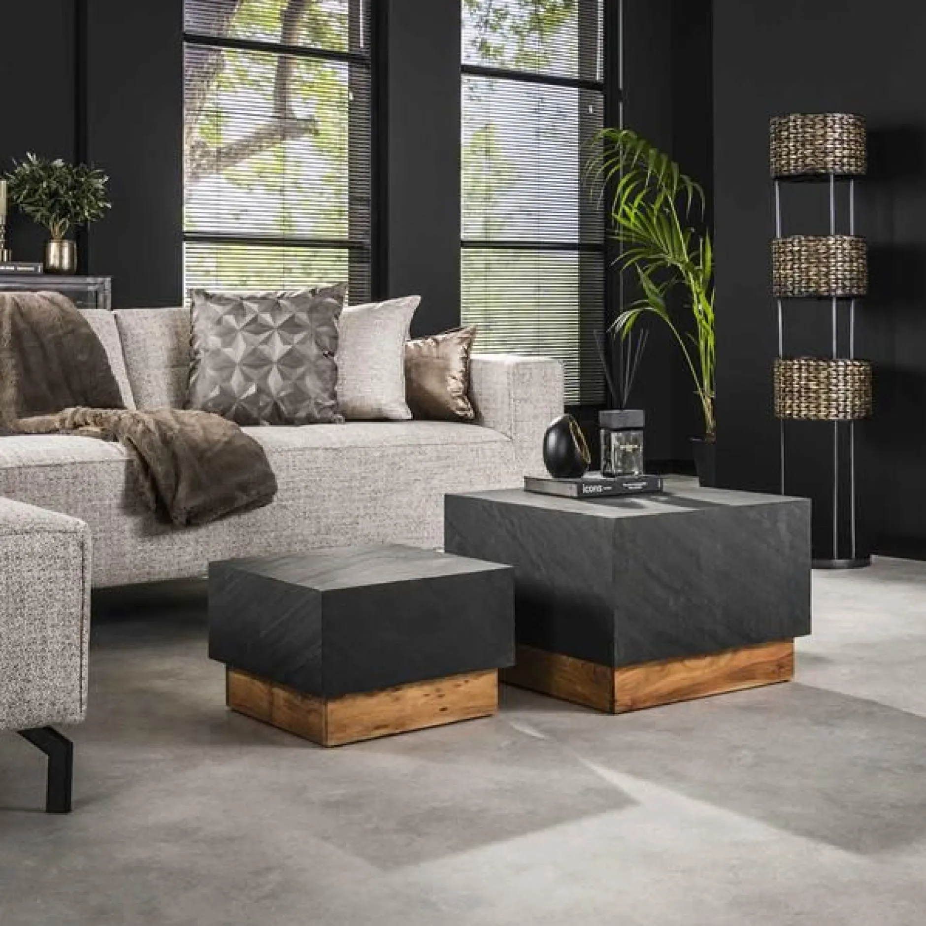 Couchtisch-Set Boxy-Schiefer/Akazie