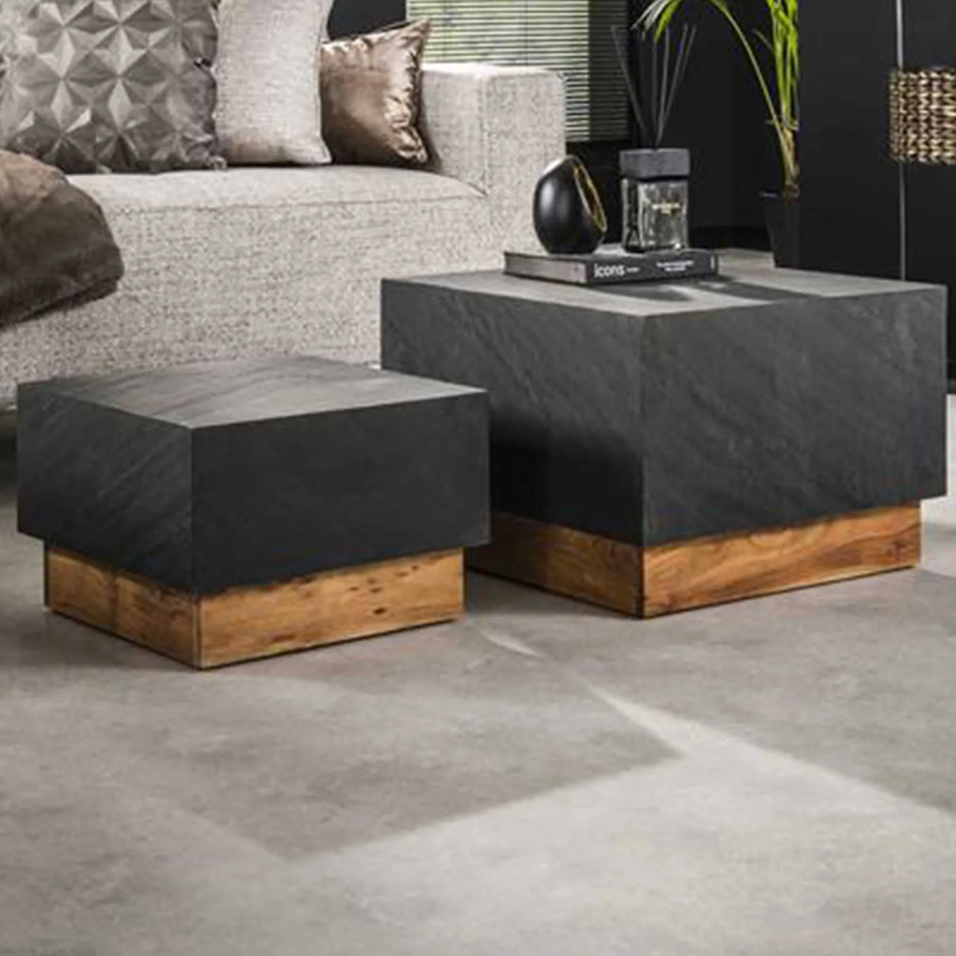 Couchtisch-Set Boxy-Schiefer/Akazie