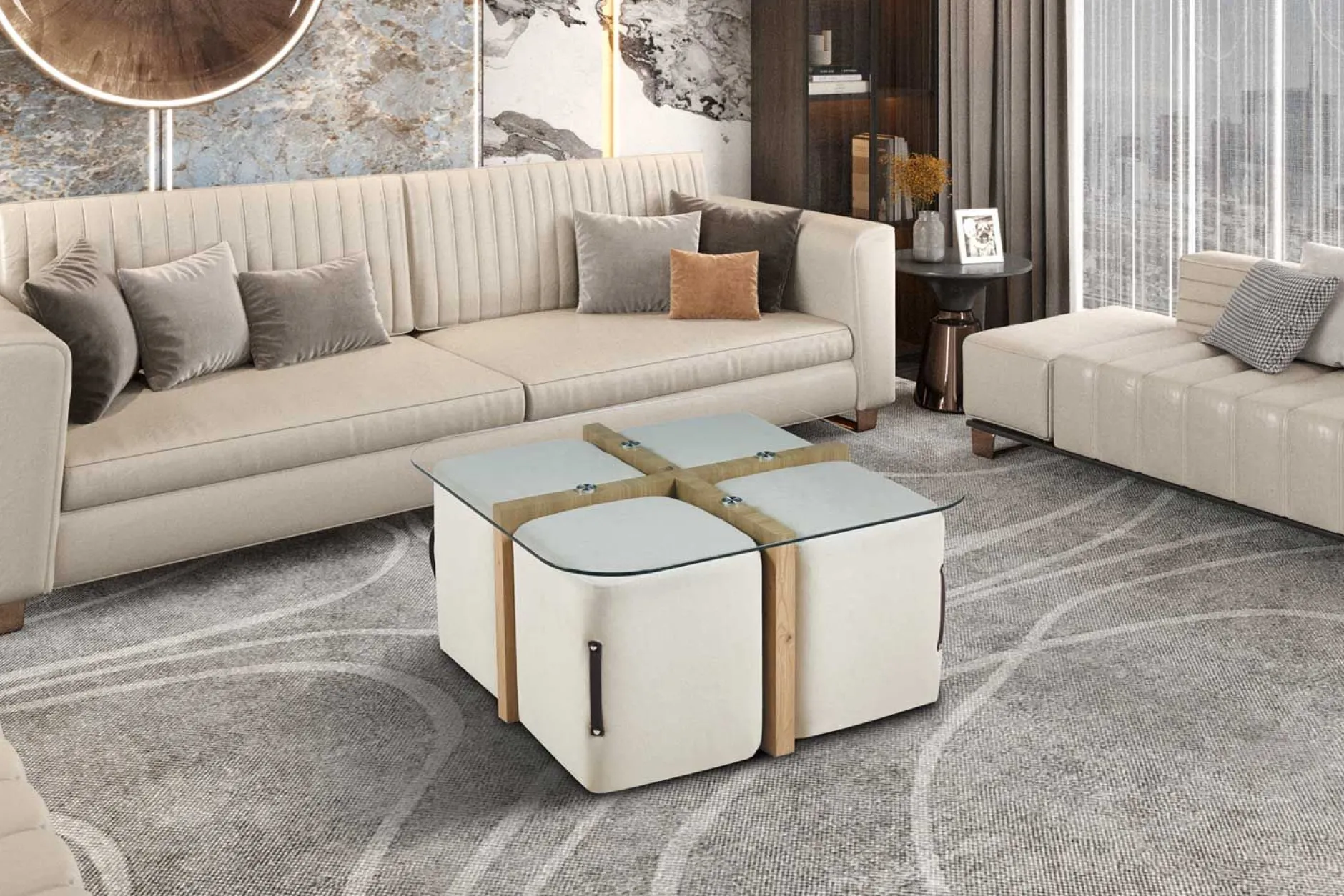 Couchtisch-Set mit vier Hockern Shana | 90 x 90 x 45 cm | Weiß - Glas