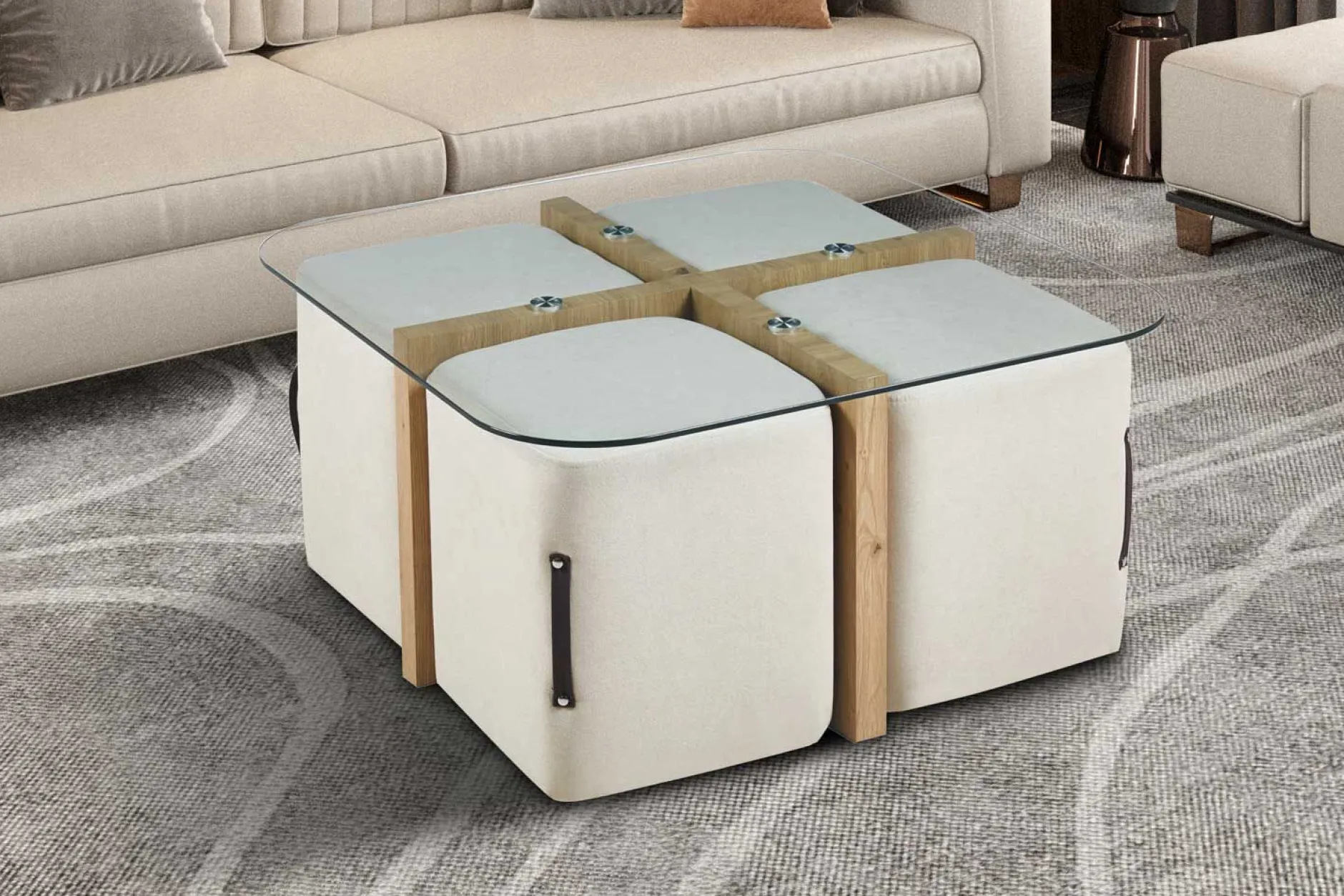 Couchtisch-Set mit vier Hockern Shana | 90 x 90 x 45 cm | Weiß - Glas