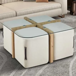 Couchtisch-Set mit vier Hockern Shana | 90 x 90 x 45 cm | Weiß - Glas