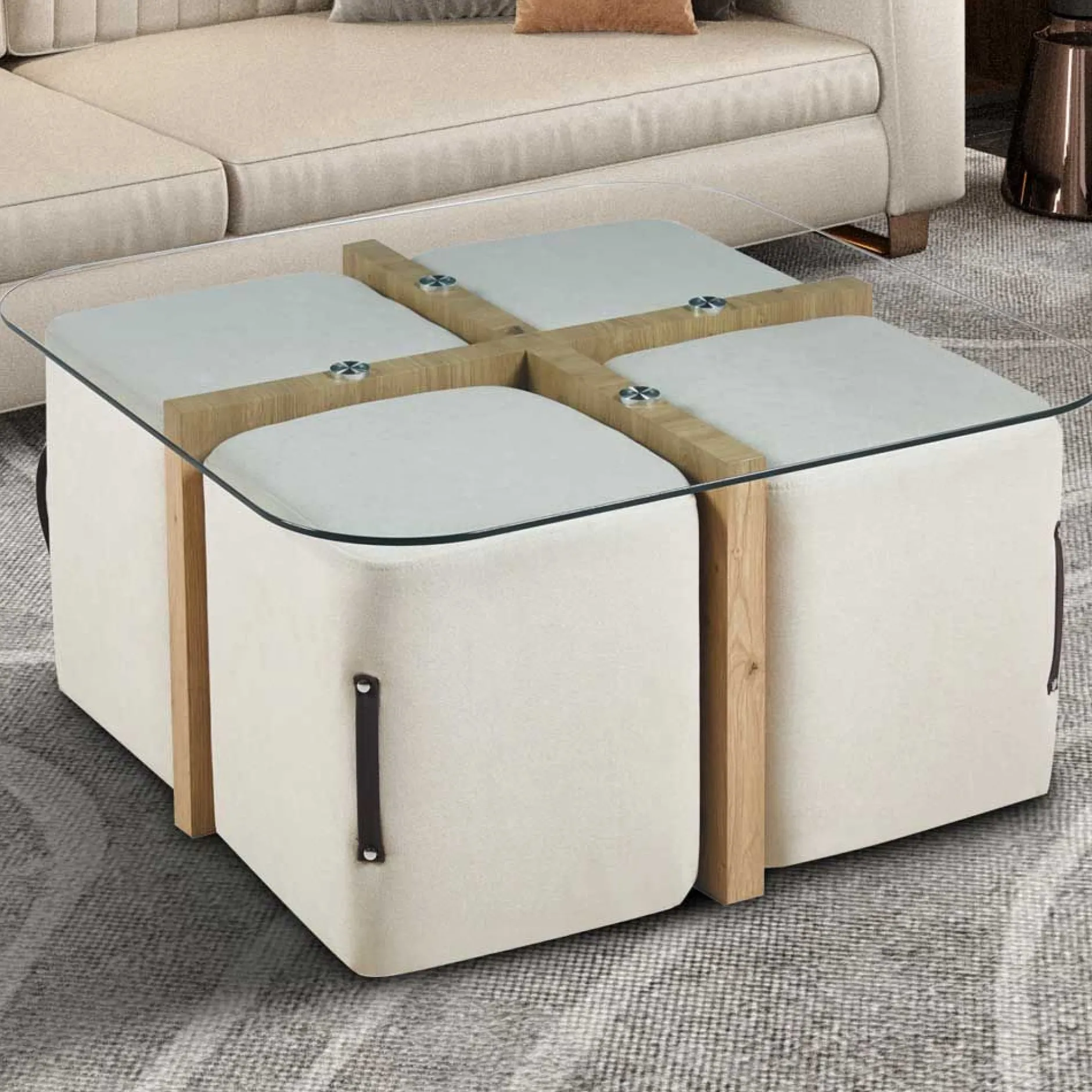 Couchtisch-Set mit vier Hockern Shana | 90 x 90 x 45 cm | Weiß - Glas