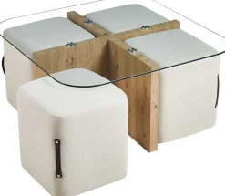 Couchtisch-Set mit vier Hockern Shana | 90 x 90 x 45 cm | Weiß - Glas