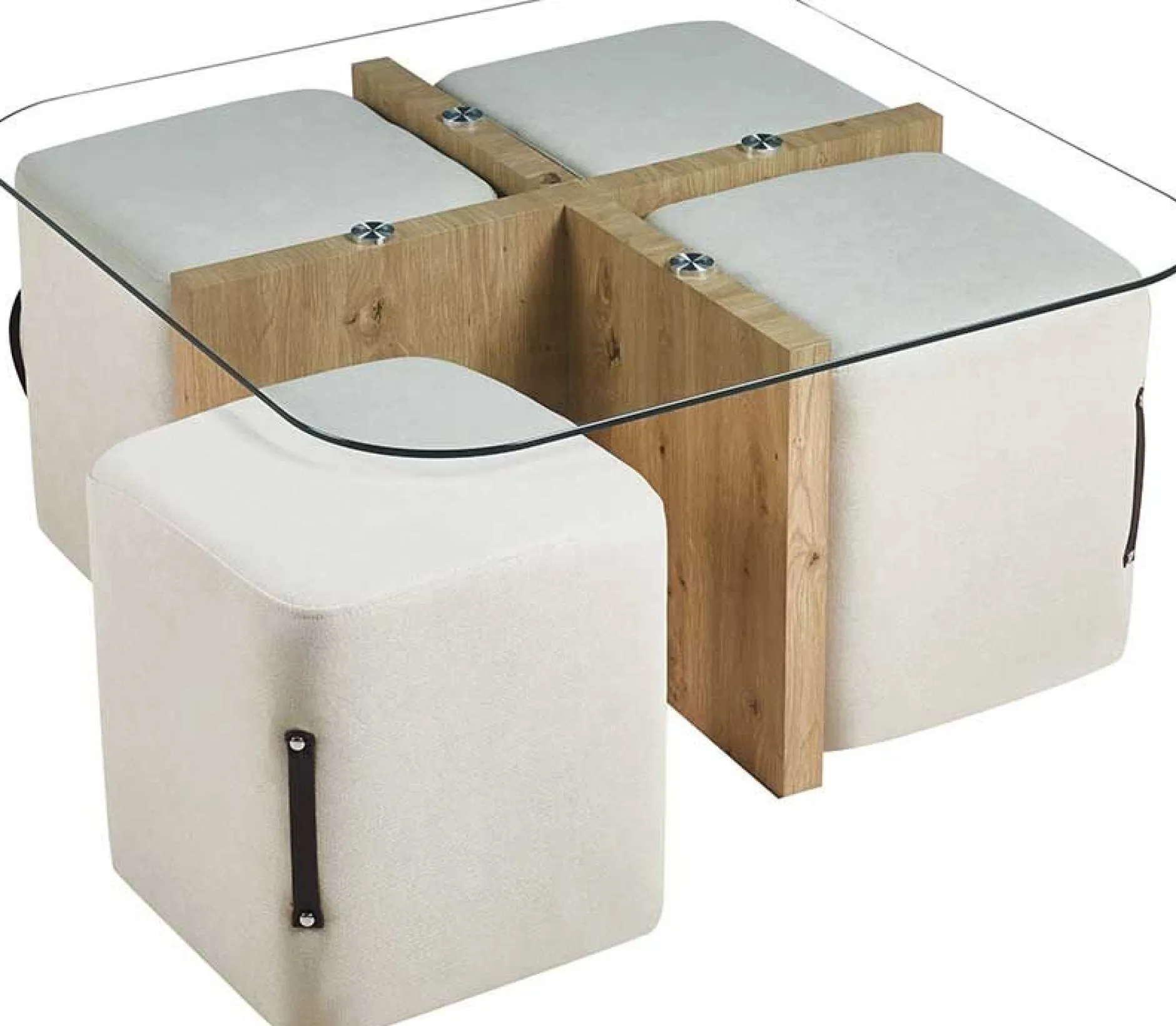 Couchtisch-Set mit vier Hockern Shana | 90 x 90 x 45 cm | Weiß - Glas