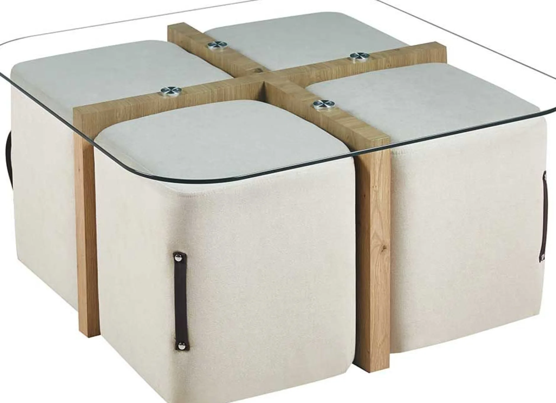 Couchtisch-Set mit vier Hockern Shana | 90 x 90 x 45 cm | Weiß - Glas