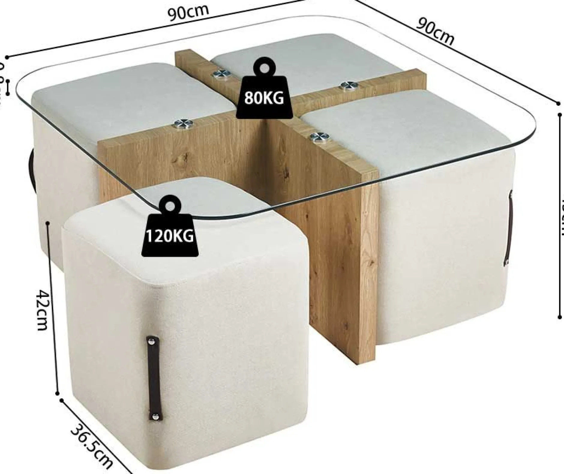 Couchtisch-Set mit vier Hockern Shana | 90 x 90 x 45 cm | Weiß - Glas