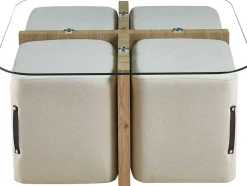 Couchtisch-Set mit vier Hockern Shana | 90 x 90 x 45 cm | Weiß - Glas