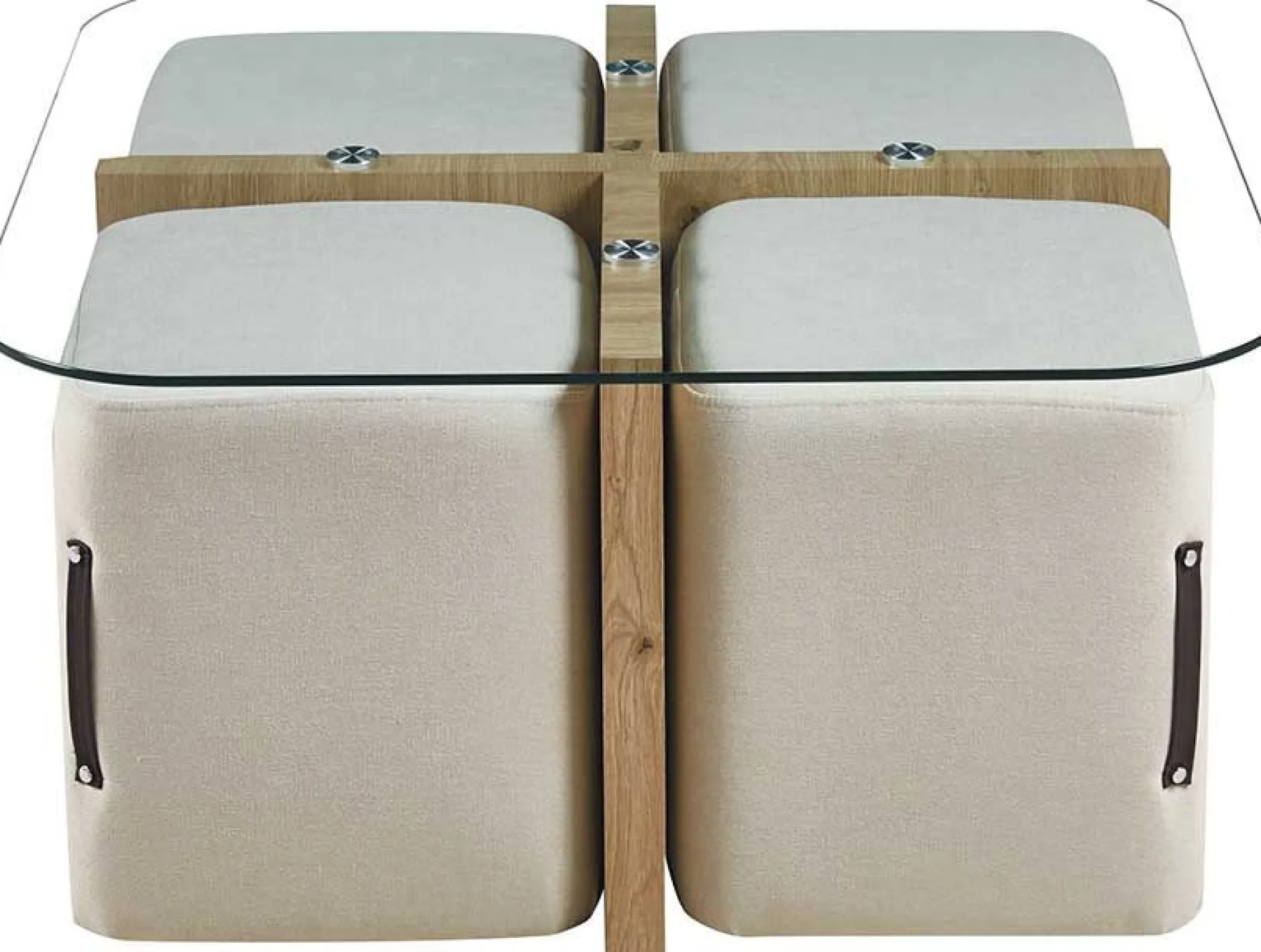 Couchtisch-Set mit vier Hockern Shana | 90 x 90 x 45 cm | Weiß - Glas