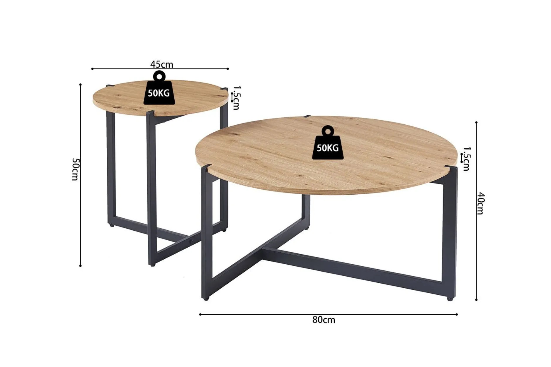 Couchtisch-Set Pola | Ø80 x 40 cm; Ø45 x 50 cm | Design Old Oak