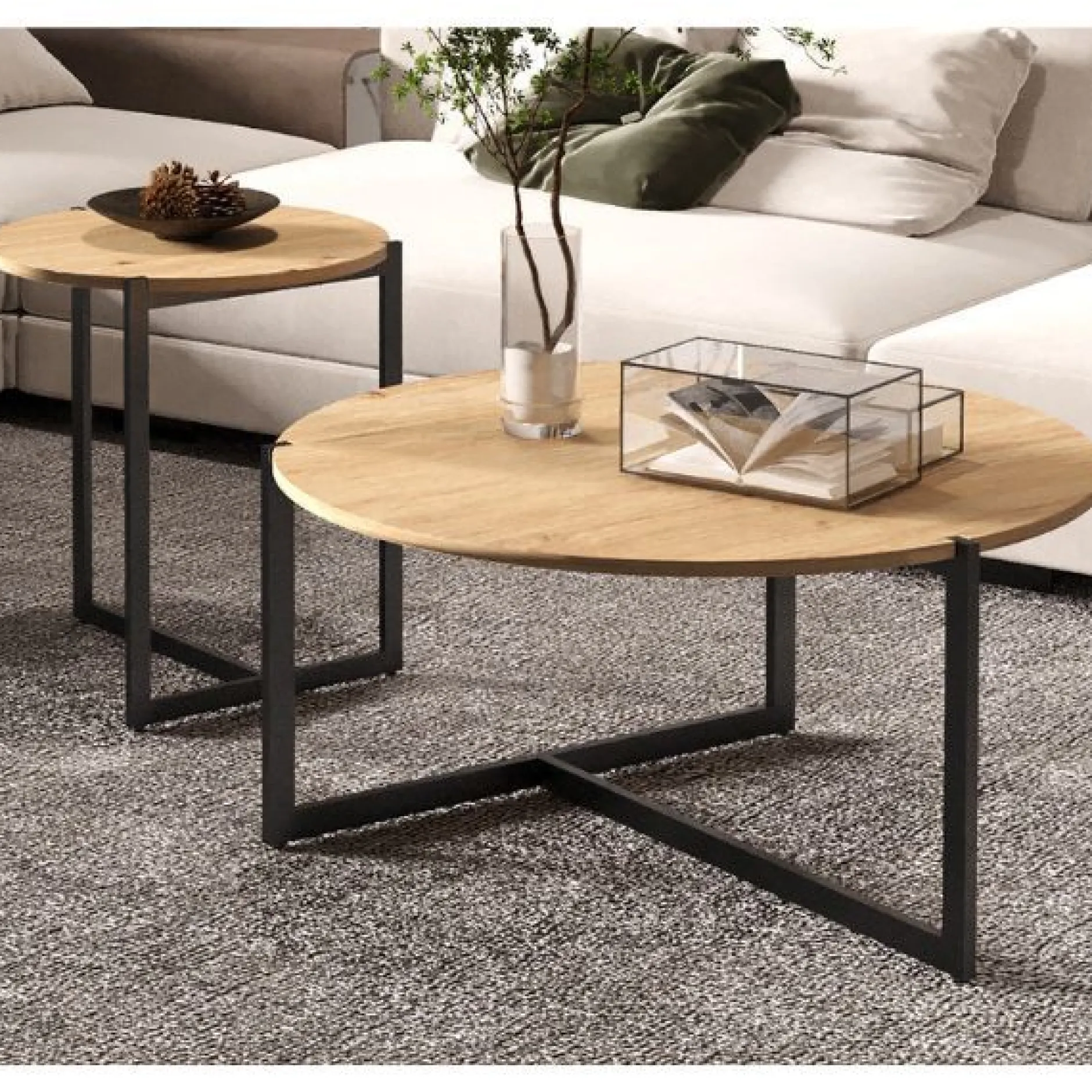 Couchtisch-Set Pola | Ø80 x 40 cm; Ø45 x 50 cm | Design Old Oak